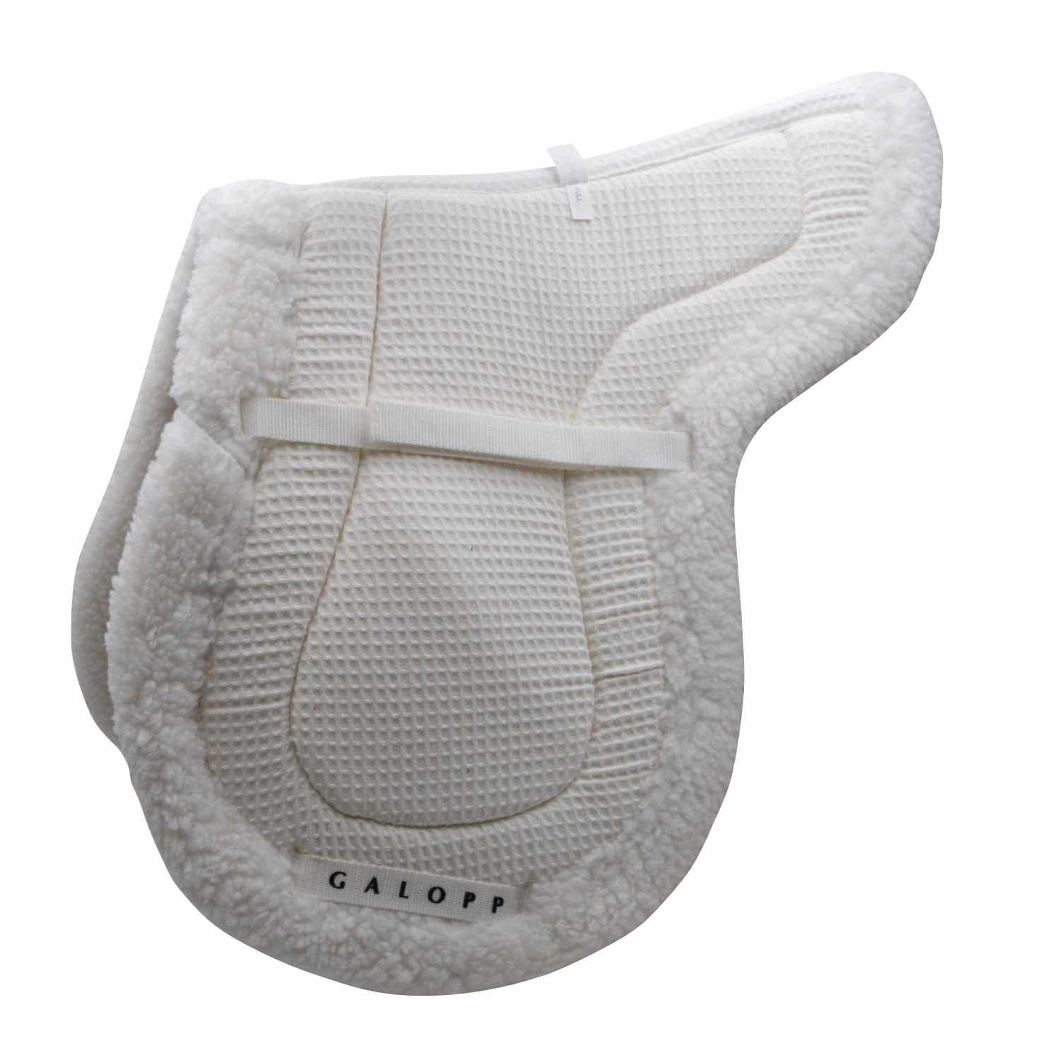 Weiße Satteldecke mit Wabenmuster und Fellrand. Mit Gurten und dem Schriftzug "GALOPP".