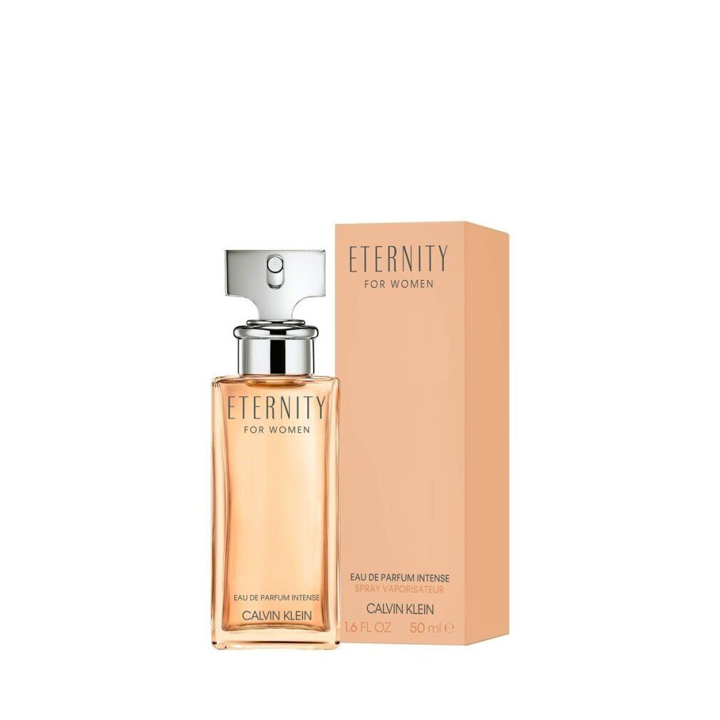 Flakon und Verpackung. Flakon: eckig, silberner Verschluss. Verpackung: beige, rechteckig. Aufschrift: Eternity for Women, Calvin Klein.