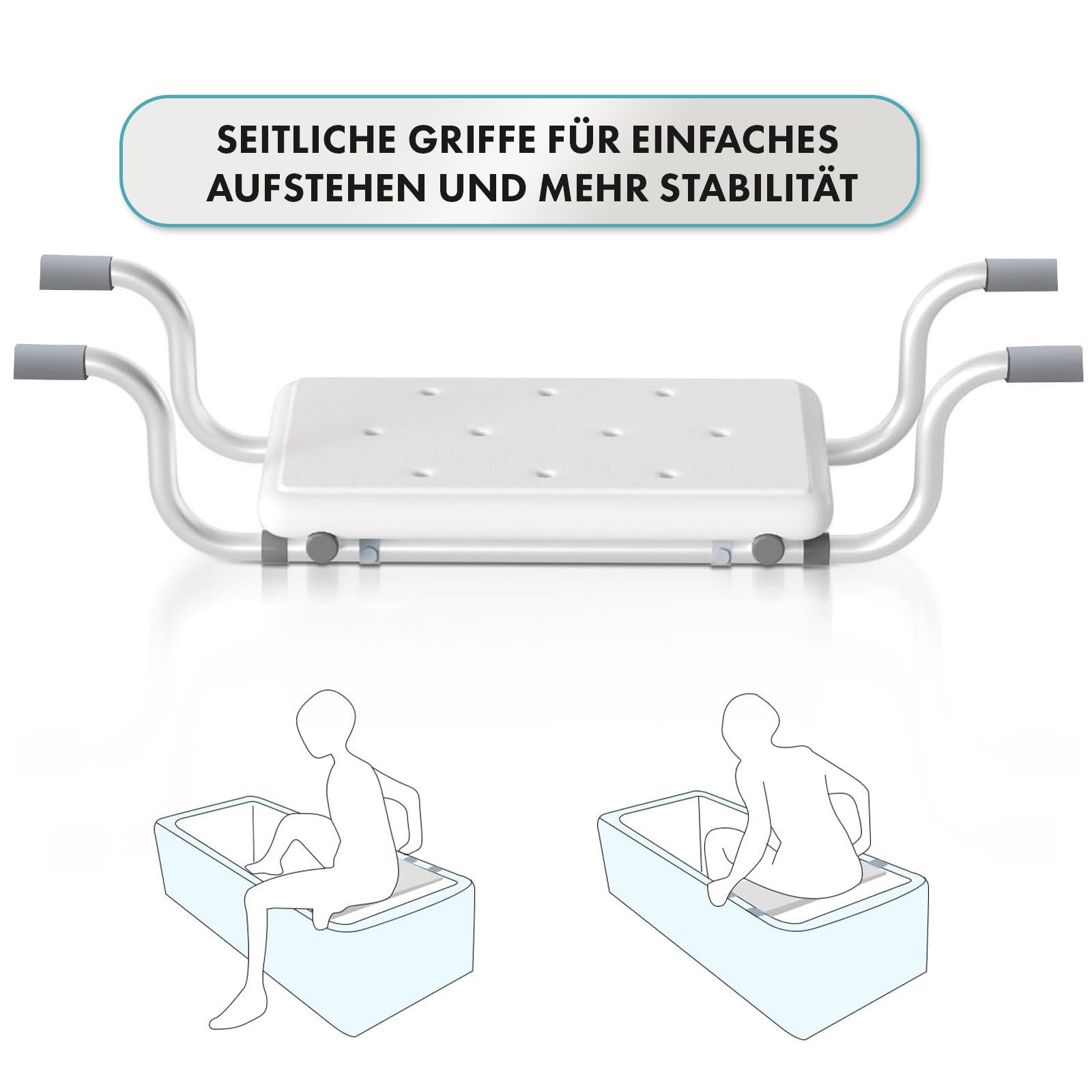 Badewannensitz mit weißer Sitzfläche, silbernem Rahmen und grauen Griffen. Text: Seitliche Griffe für einfaches Aufstehen.