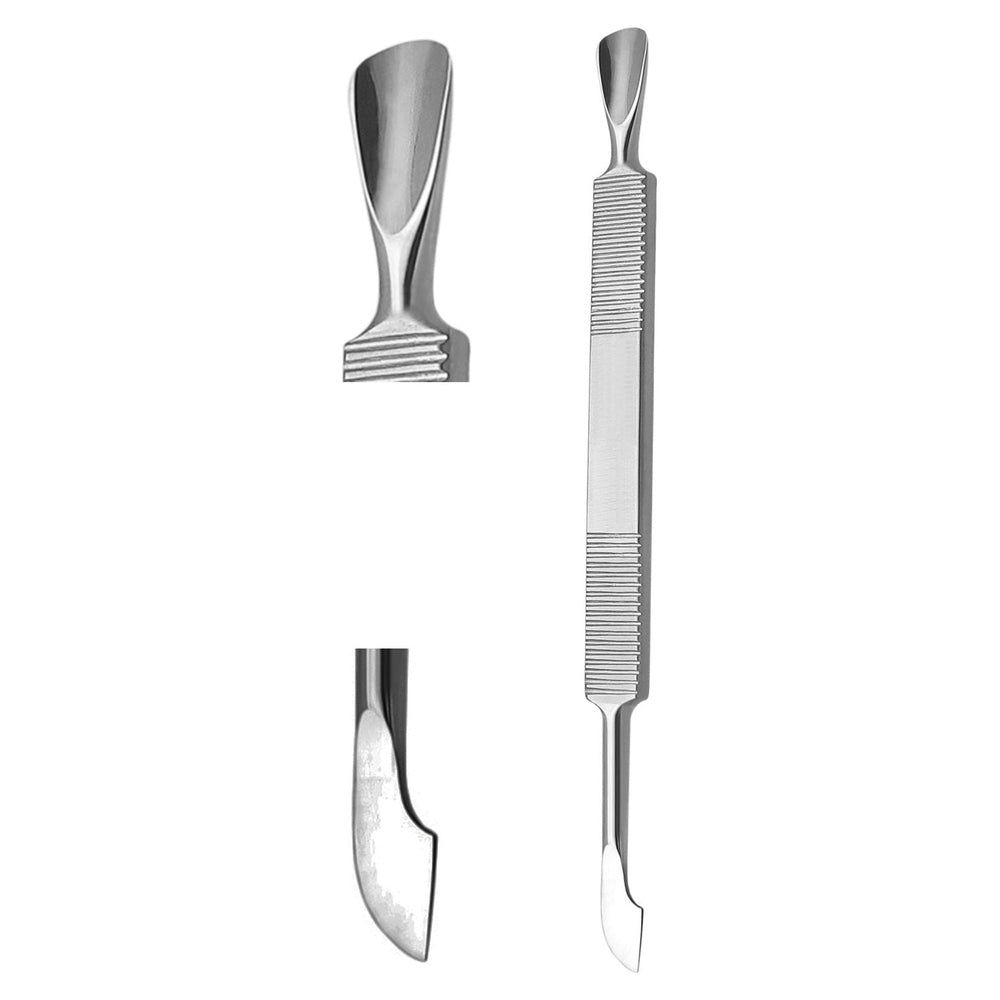 Nagelhautschieber aus Metall. Doppelseitig, mit geriffelter Mitte. Zwei separate Enden.