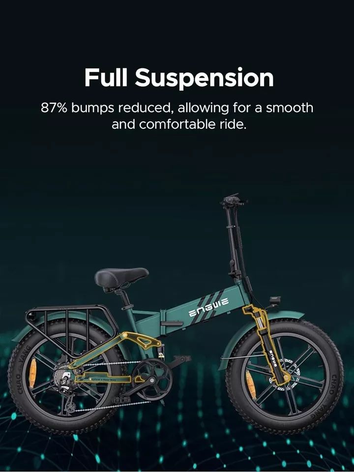 Fahrrad mit Text: Full Suspension. ENGWE-Logo. Schematische Darstellung der Federung.