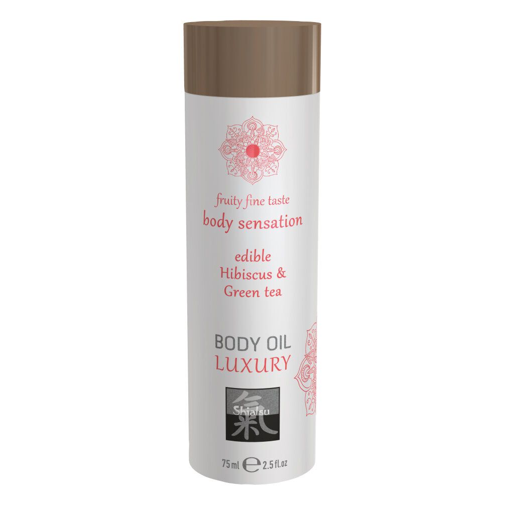 Zylindrische Flasche mit braunem Deckel. Aufschrift: "edible Hibiskus & Green Tea BODY OIL LUXURY".