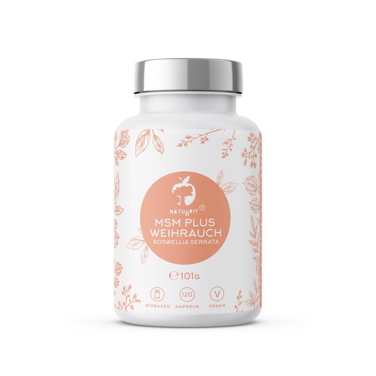 Weiße Flasche mit orangefarbenem Etikett. Aufschrift: Naturvit® MSM plus Weihrauch, Boswellia serrata. 120 Kapseln, vegan.