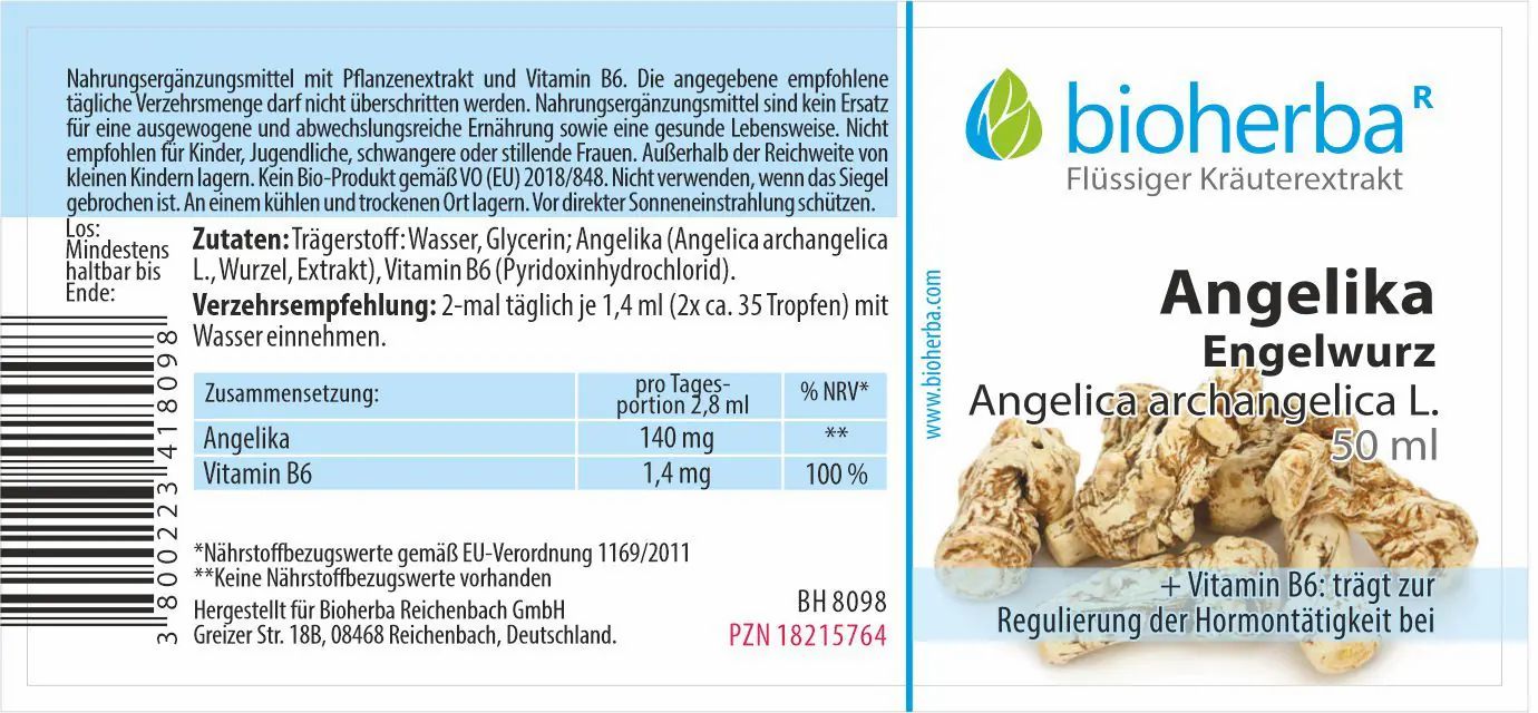 Etikett mit Produktnamen, Logo und Inhaltsangaben. Enthält Angelica Engelwurz und Vitamin B6. 50 ml.