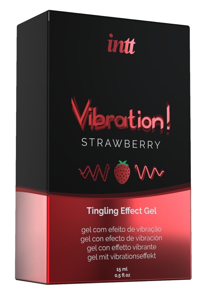 Schwarze Produktverpackung mit roter und weißer Schrift. Aufschrift: INTT Vibration! Strawberry Tingling Effect Gel.