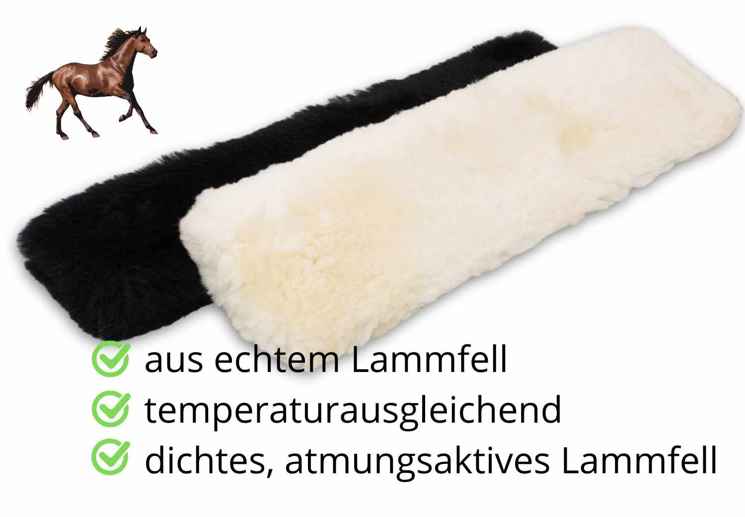 Zwei Sattelgurtschoner aus Lammfell, schwarz und cremefarben. Text: aus echtem Lammfell, temperaturausgleichend.