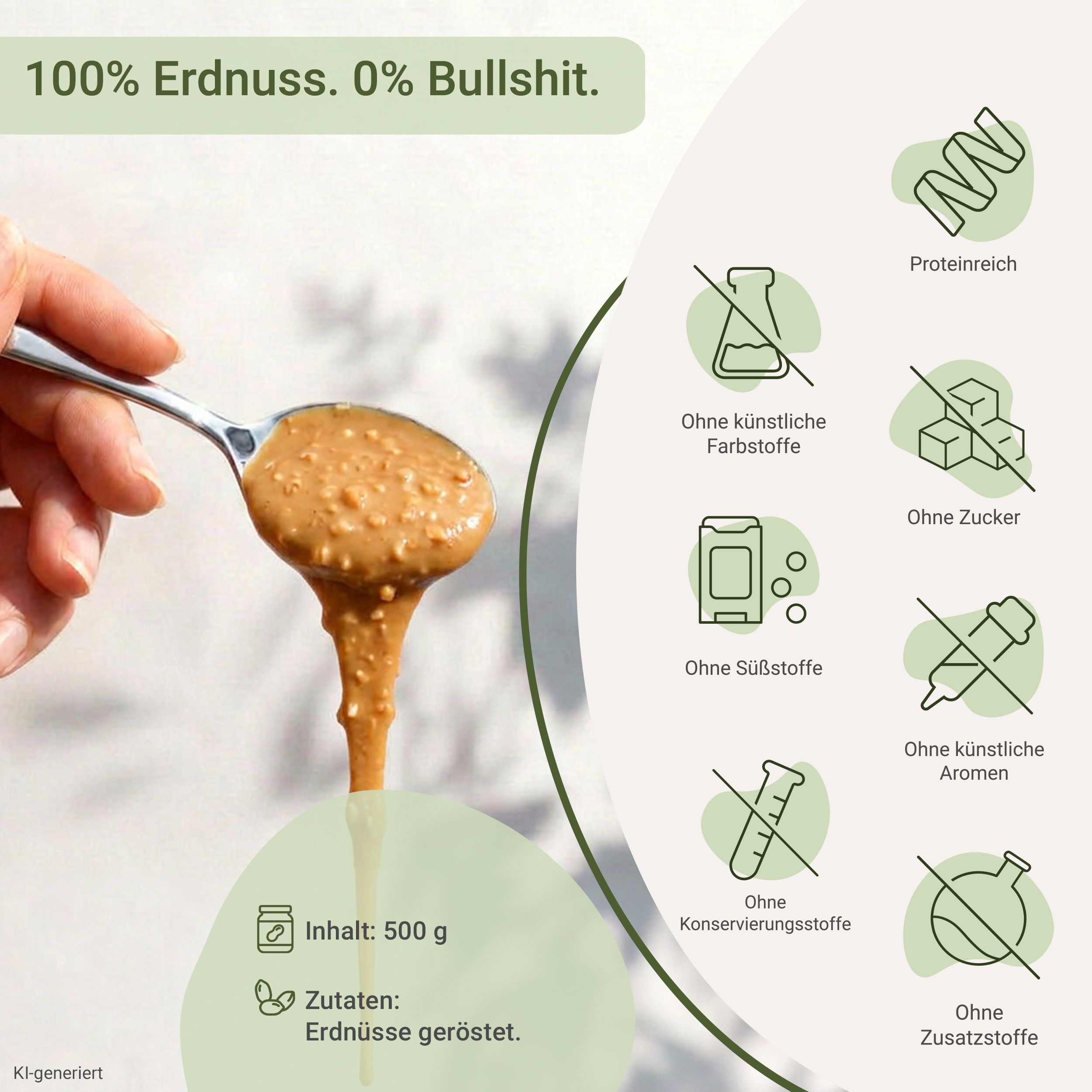 Löffel mit cremiger Erdnussbutter, daneben Icons, die "Ohne Zucker" und "Proteinreich" symbolisieren.