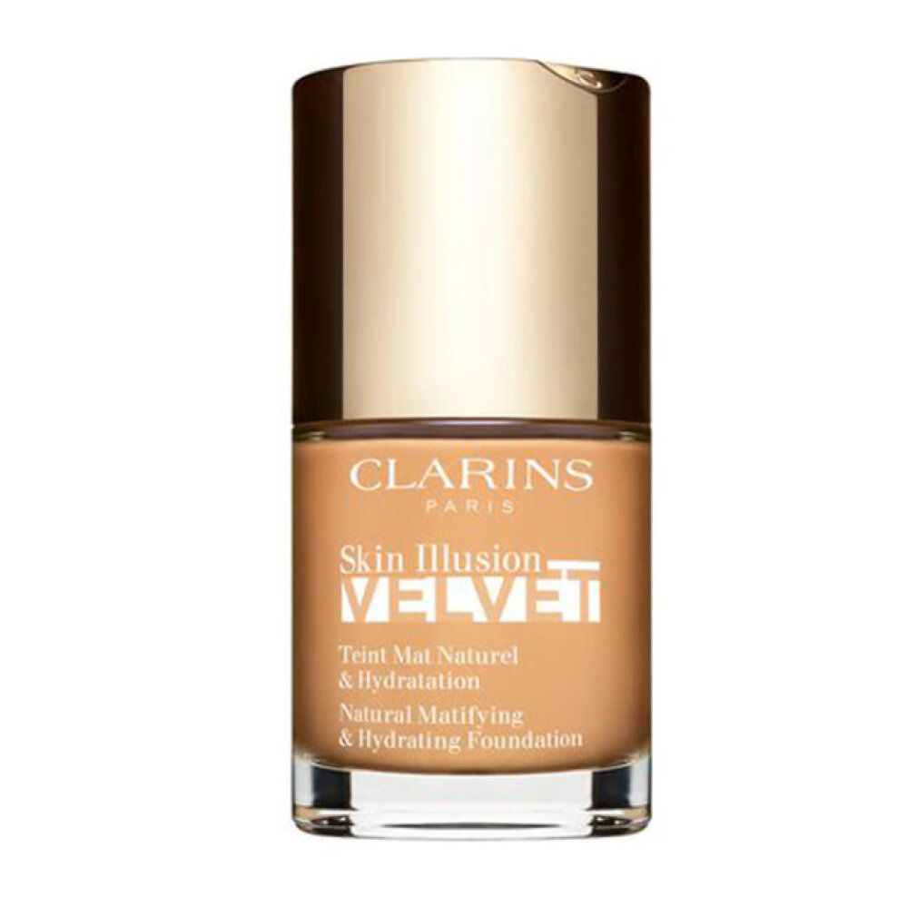 Clarins Skin Illusion Velvet Foundation. Goldfarbener Deckel, braune Flüssigkeit. Text: Natural Matifying & Hydrating Foundation.