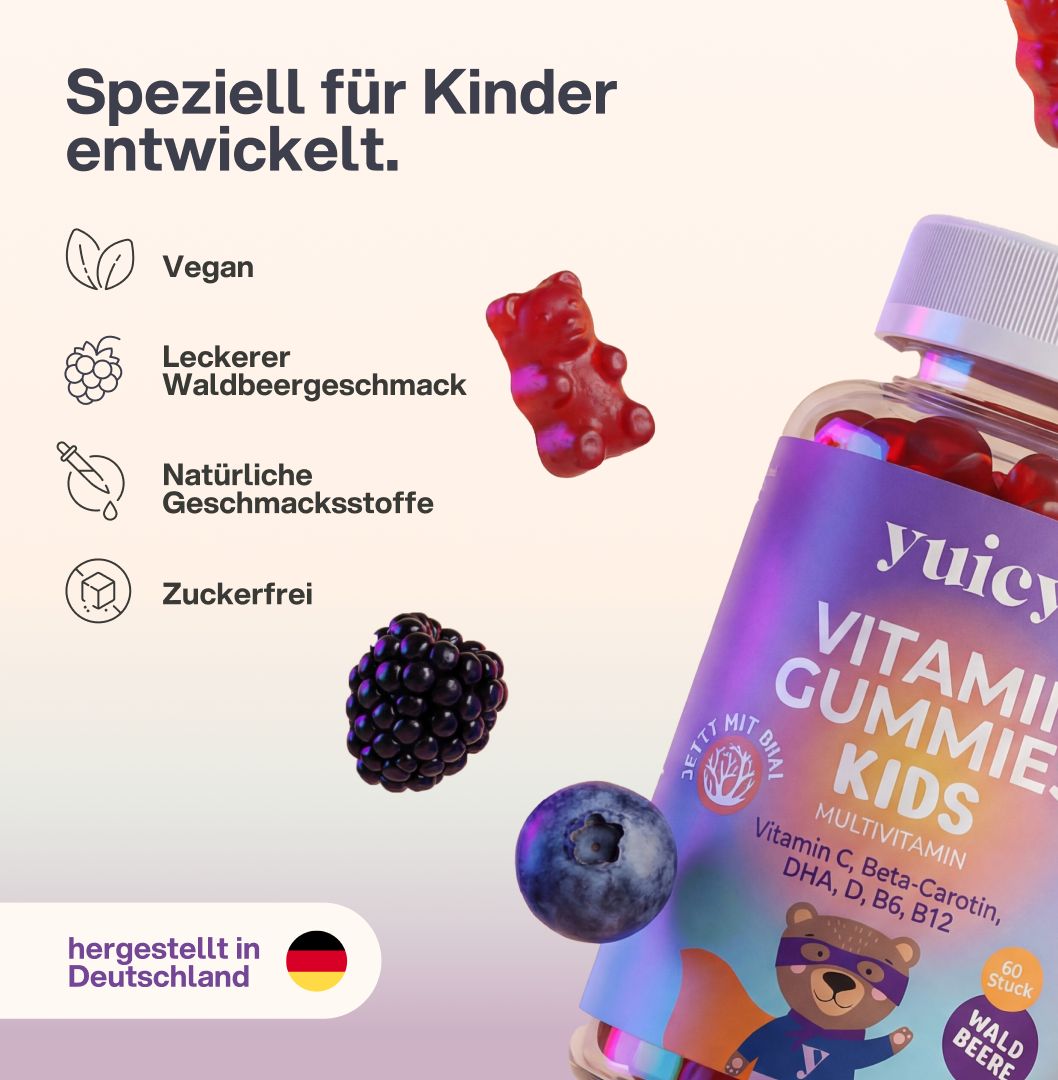Eine Flasche Vitamin Gummies Kids mit Gummibärchen, Brombeere und Blaubeere. Text: Vegan, Waldbeergeschmack, zuckerfrei.