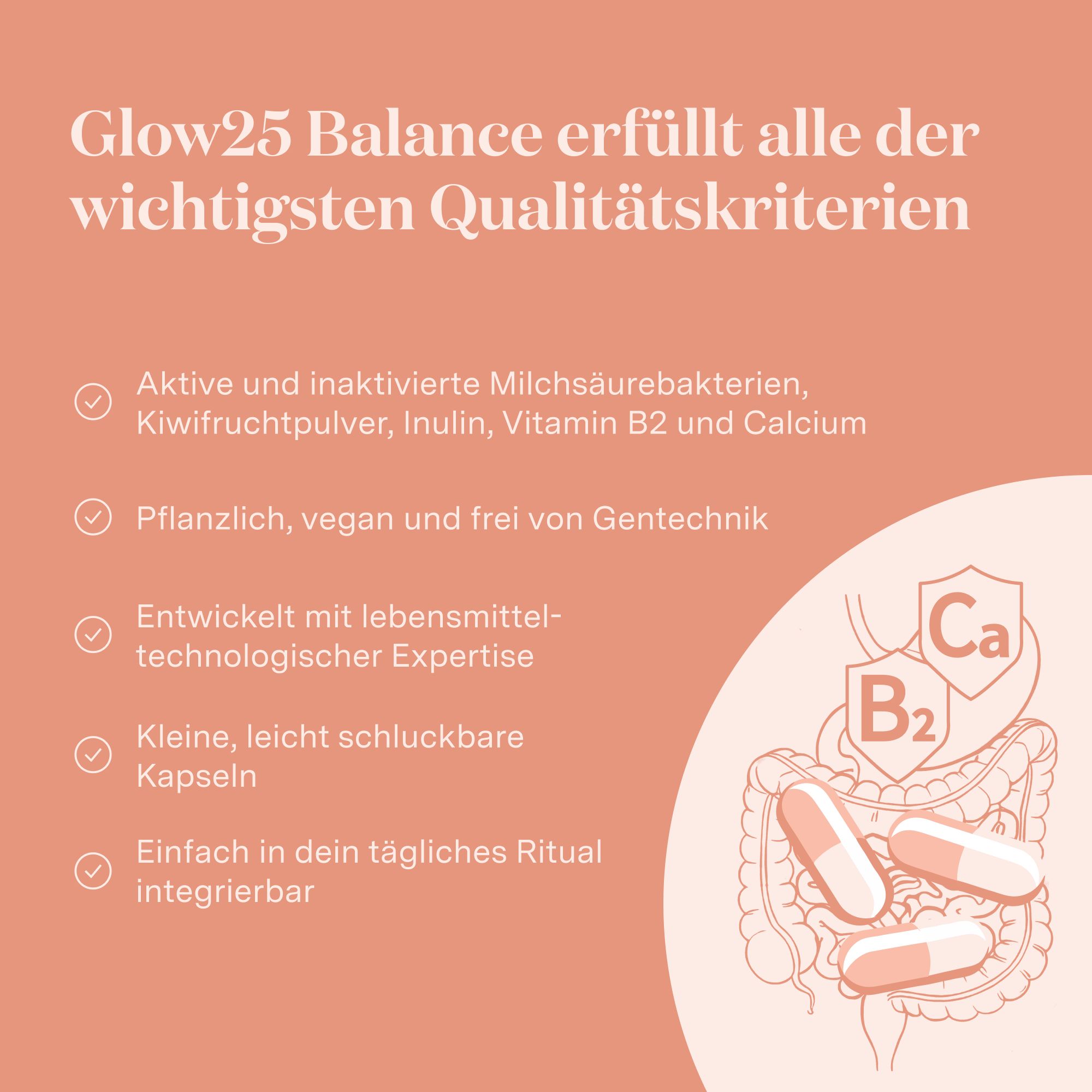 Glow25 Balance Qualitätskriterien: Milchsäurebakterien, Inulin, Vitamin B2, Calcium, vegan.
