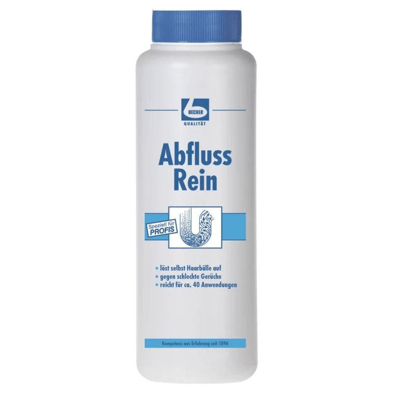 Weiße Flasche mit blauem Deckel. Aufschrift: Abfluss Rein. Logo mit dem Buchstaben U. Text: löst Haarballen, gegen Gerüche, reicht für ca. 40 Anwendungen.