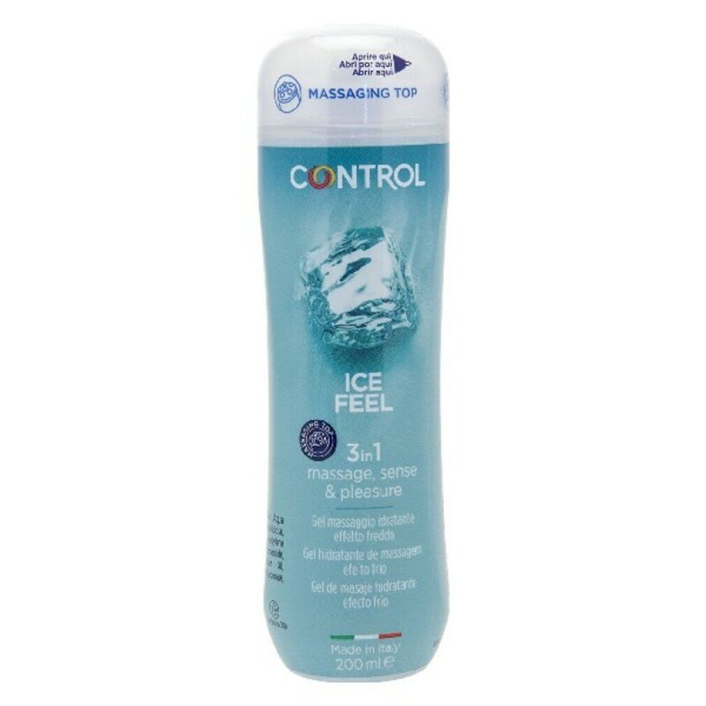 Türkisgrüne Flasche mit weißem Deckel. Aufschrift: CONTROL, ICE FEEL, 3in1. Gel für Massage, Sinnlichkeit & Vergnügen. Hergestellt in Italien.