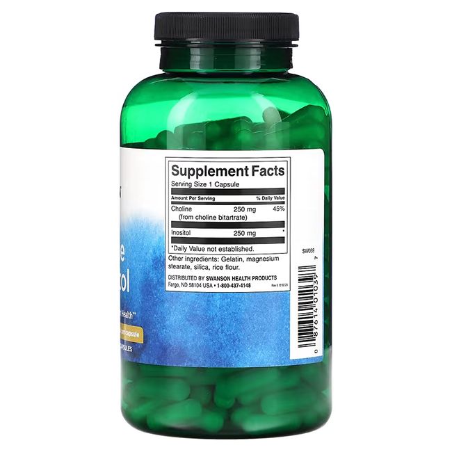 Rückseite der grünen Flasche SWANSON Cholin & Inositol. Nährwertangaben. 250 mg Cholin und Inositol pro Kapsel.