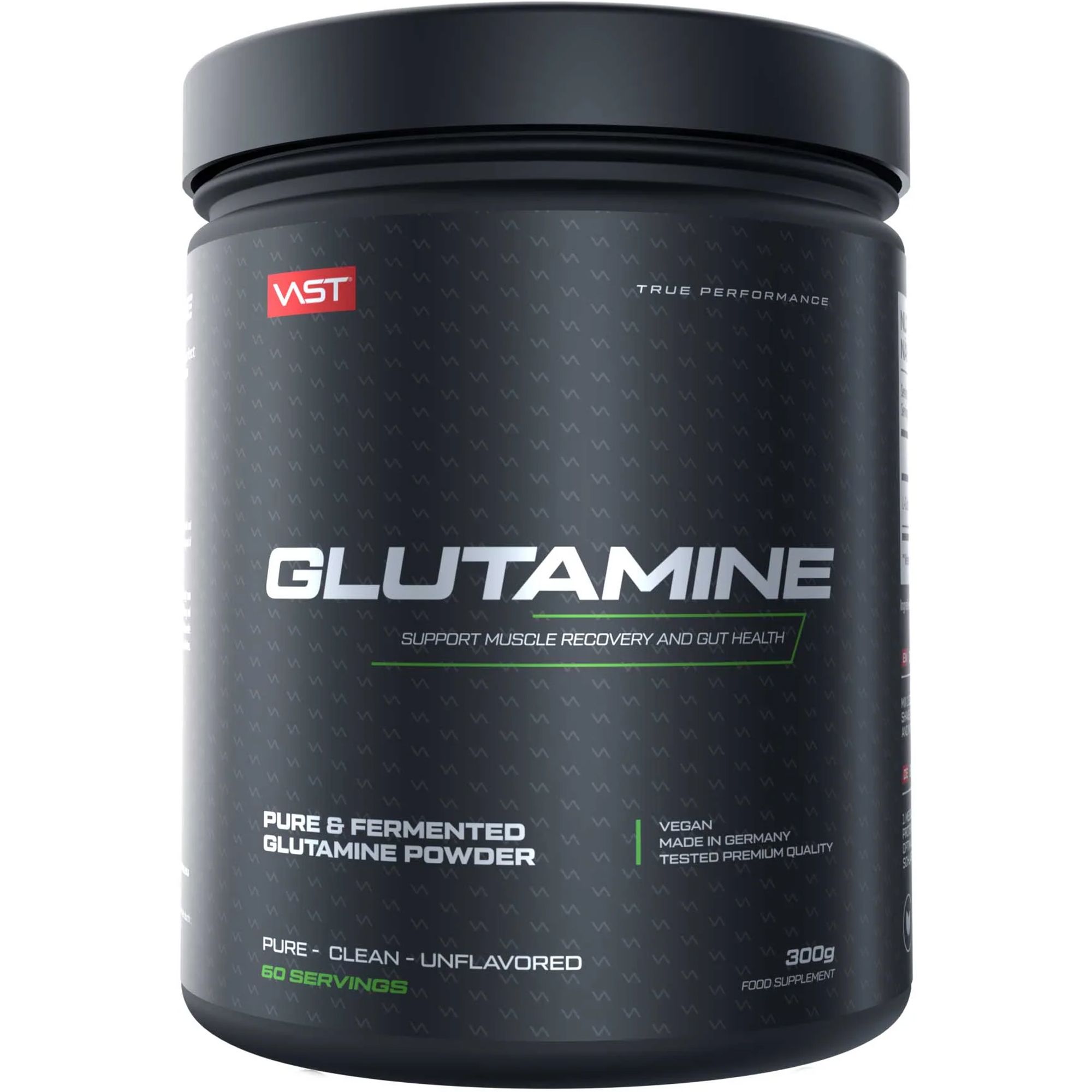 Schwarze Dose mit "GLUTAMINE"-Schriftzug. Enthält 300g reines, fermentiertes Glutamin-Pulver. Vegan, hergestellt in Deutschland. Marke: VST.