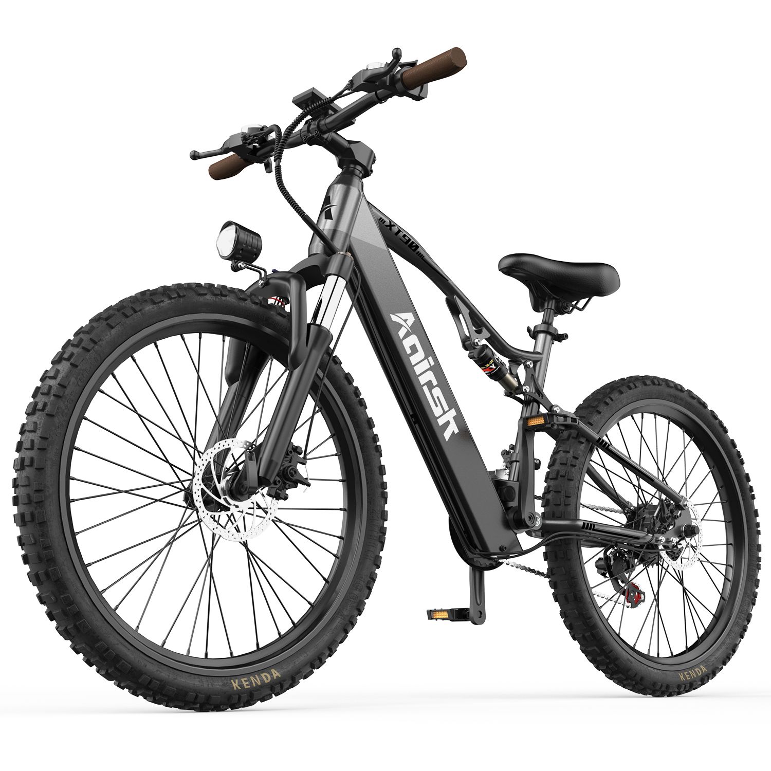 Schwarzes E-Bike mit breiten Reifen, Scheinwerfer, braunen Lenkergriffen und dem Markennamen Anirsk.