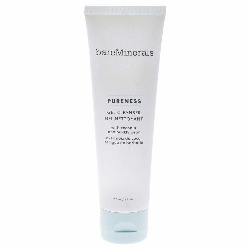 Weiße Tube mit hellblauem Boden. Aufschrift: bareMinerals, PURENESS, GEL CLEANSER, GEL NETTOYANT.