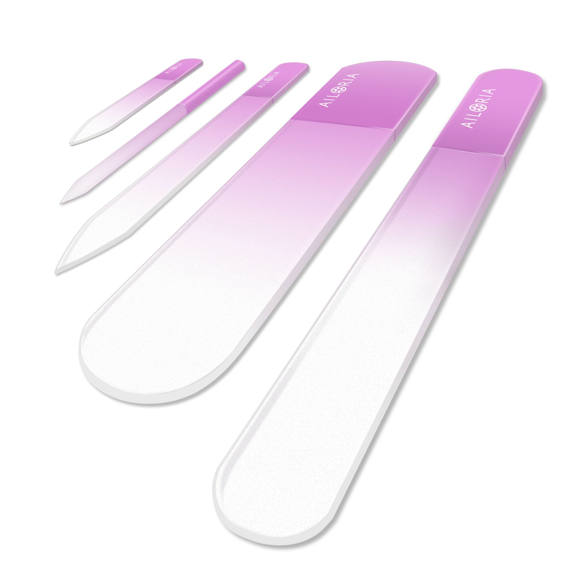 Nagelfeilen-Set mit verschiedenen Formen und Größen. Farbverlauf von transparent zu rosa. Marke AILORIA.