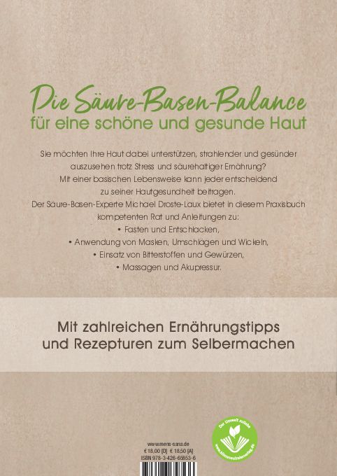 Buchrückseite mit Titel "Die Säure-Basen-Balance für eine schöne und gesunde Haut". Autor: Michael Droste-Laux. Text über Ernährungstipps.