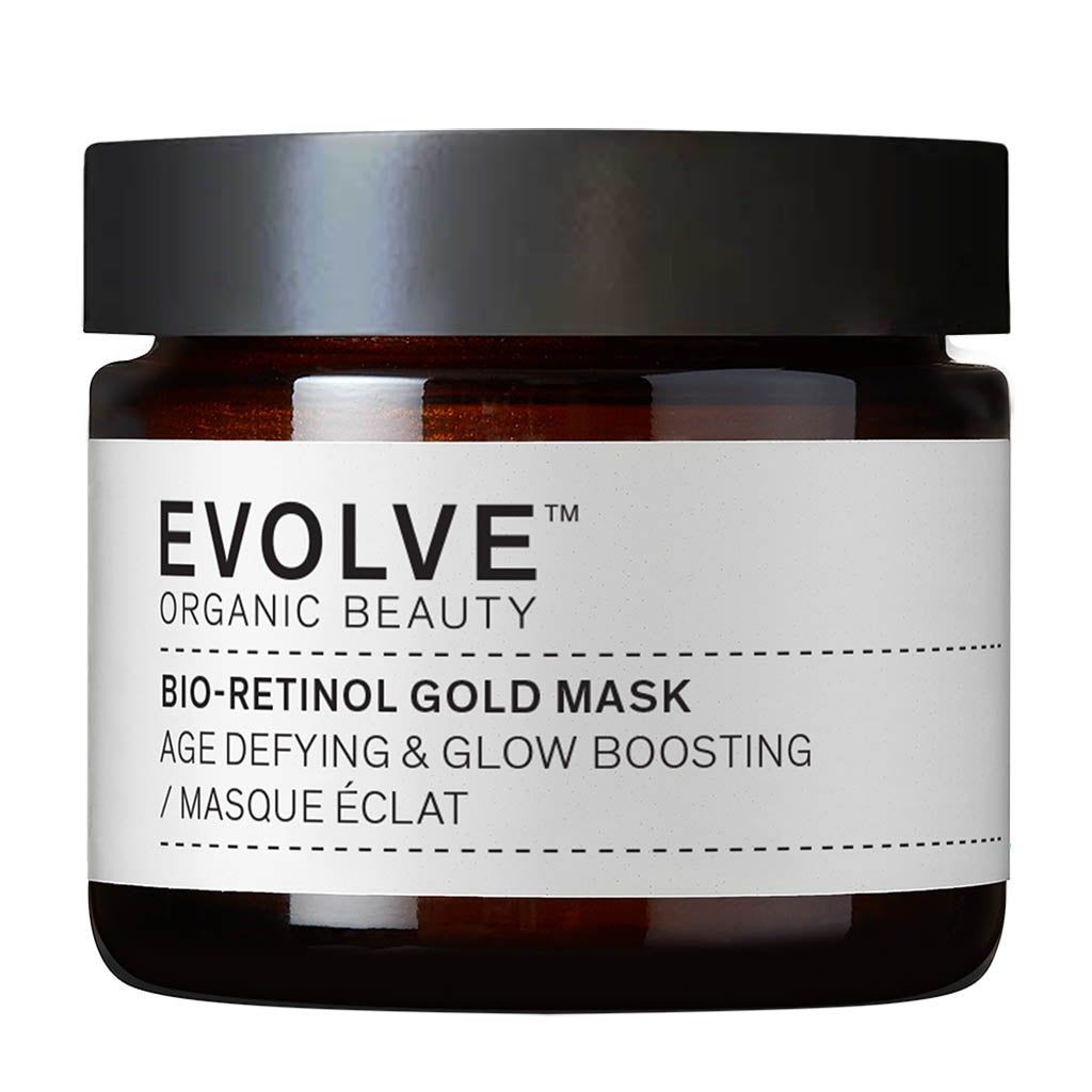 Braune Glasdose mit schwarzem Deckel. Aufkleber mit weißem Hintergrund und schwarzer Schrift: EVOLVE ORGANIC BEAUTY, BIO-RETINOL GOLD MASK.