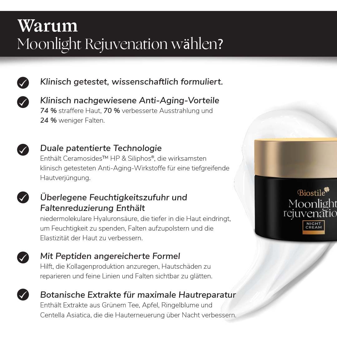 Biostile Moonlight Rejuvenation Nachtcreme mit Inhaltsstoffen und Anwendungsvorteilen.