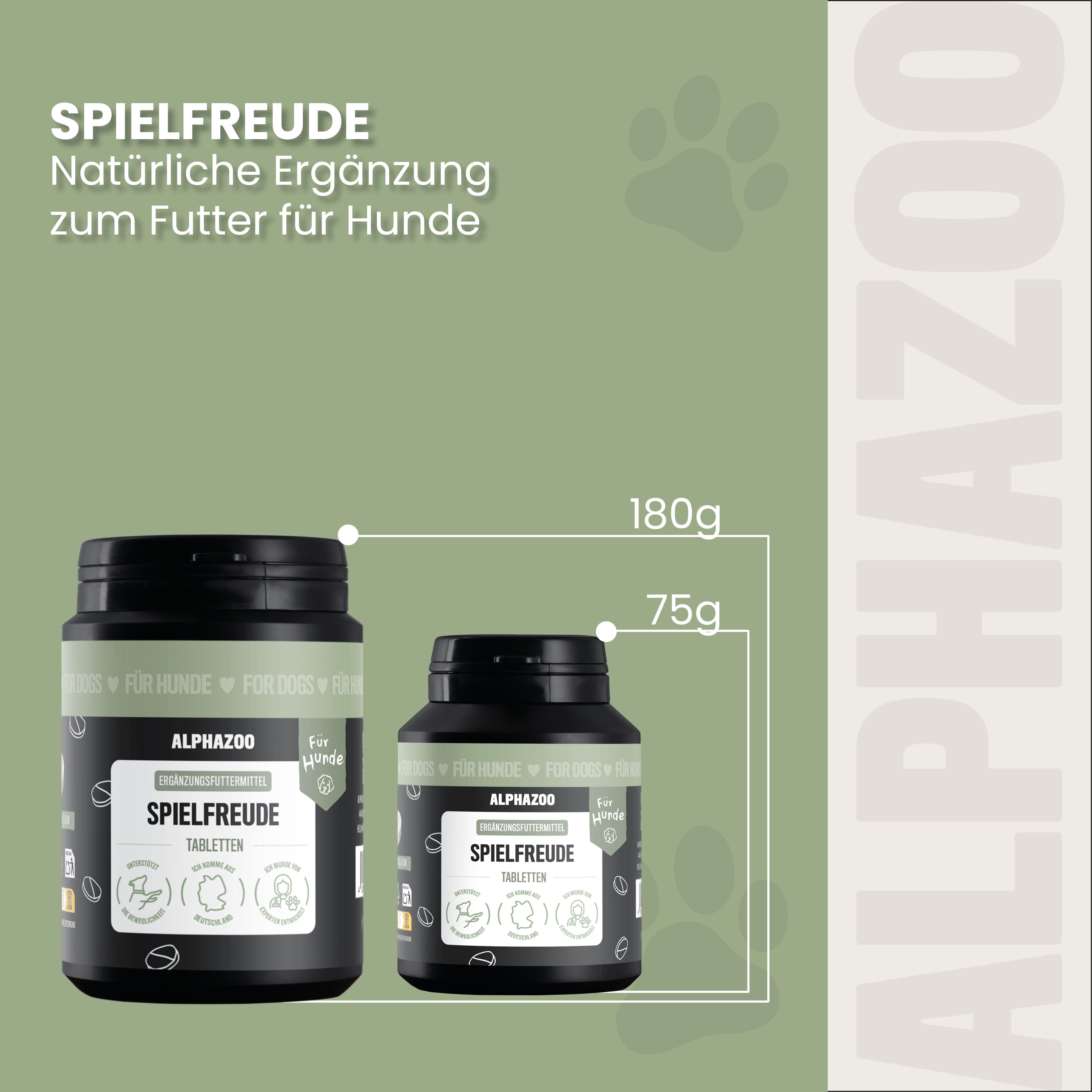 Zwei schwarze Dosen mit "ALPHAZOO SPIELFREUDE Tabletten". Eine Dose 180g, die andere 75g. Text: Natürliche Ergänzung zum Futter für Hunde.