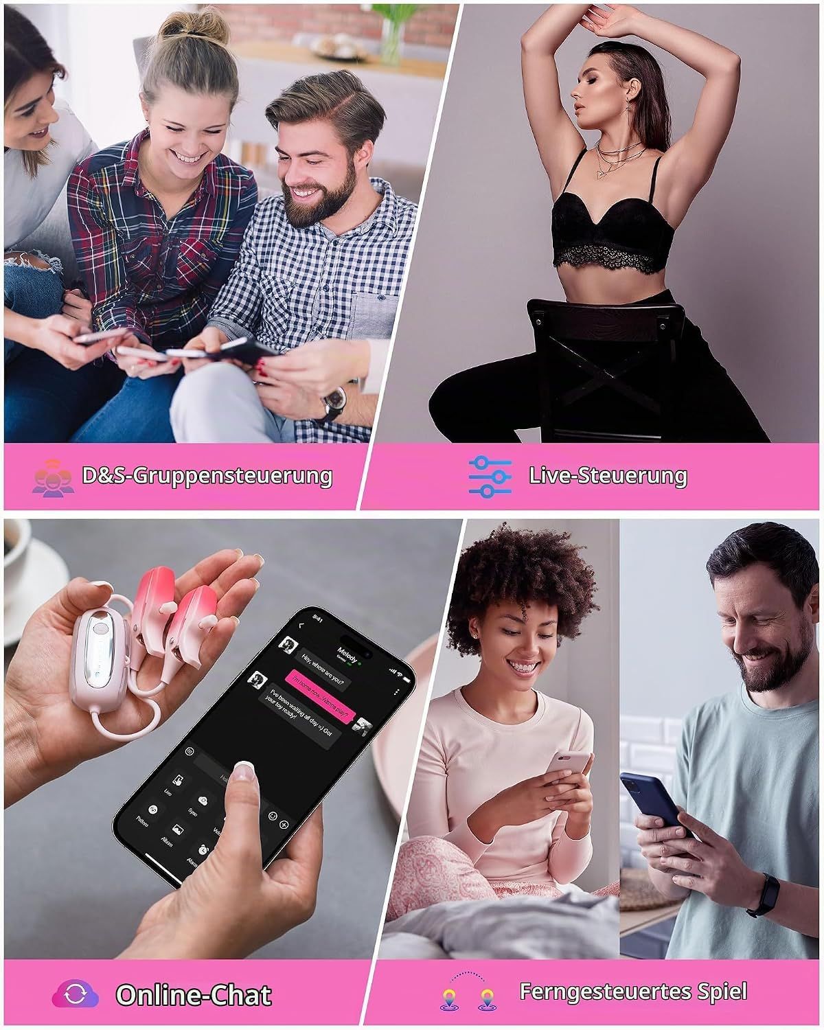 App-gesteuertes Stimulationsgerät mit Clips, Maße und Zubehörteile wie BH-Clip und Halskette.