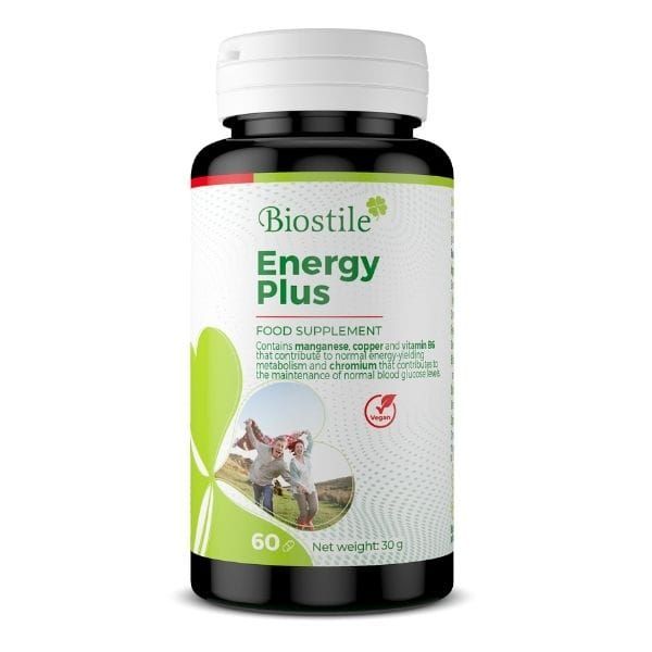 Biostile Energie Plus Nahrungsergänzungsmittel in schwarzer Dose mit weißem Deckel. 60 Kapseln, 30g Netto.
