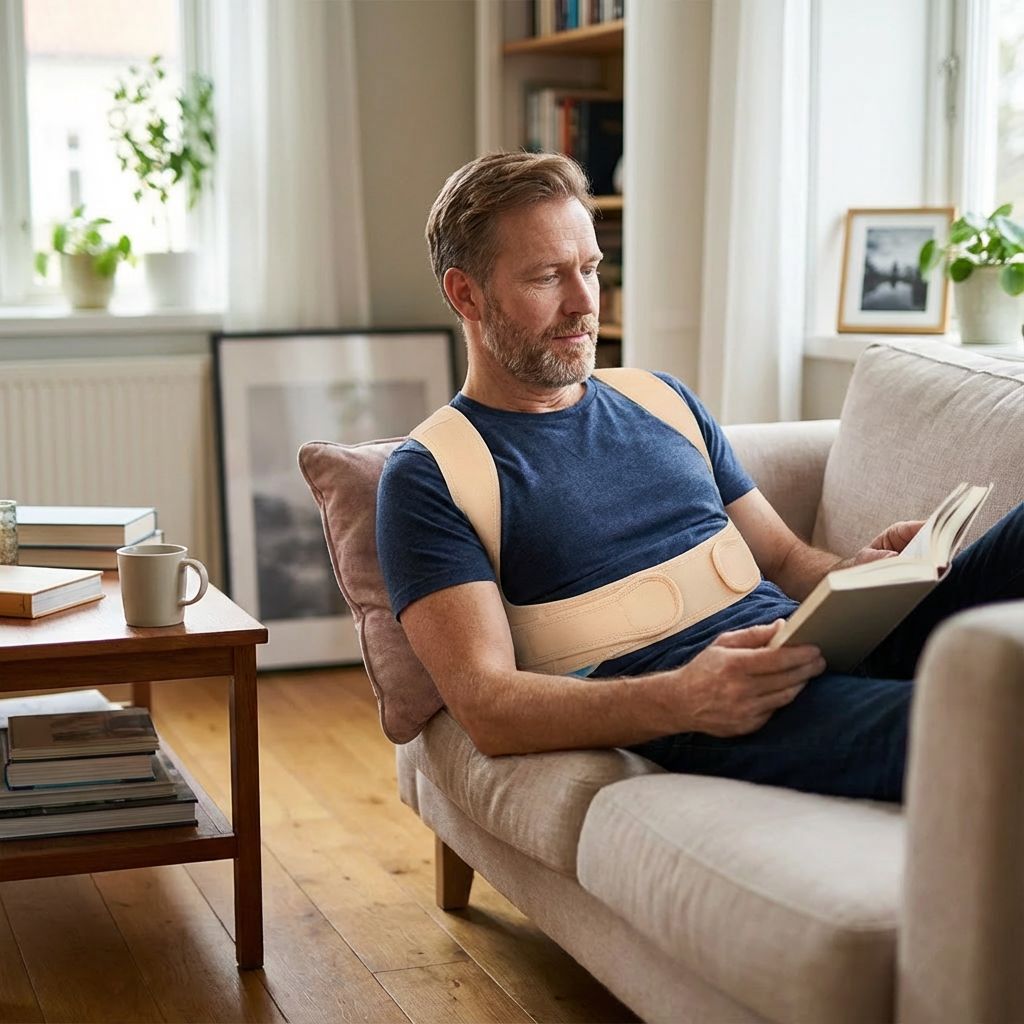 Mann mit Haltungskorrektor, beige. Sitzt auf Sofa, liest Buch. Kaffeetasse auf Tisch. Wohnzimmer.