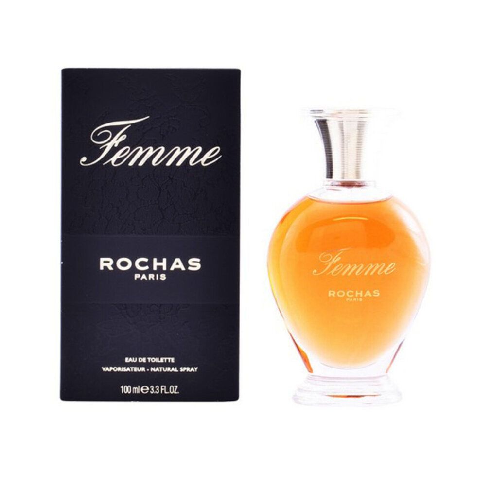 Parfümflakon und Schachtel. Flakon mit brauner Flüssigkeit. Schachtel mit "Femme", "ROCHAS PARIS" und Volumenangabe.