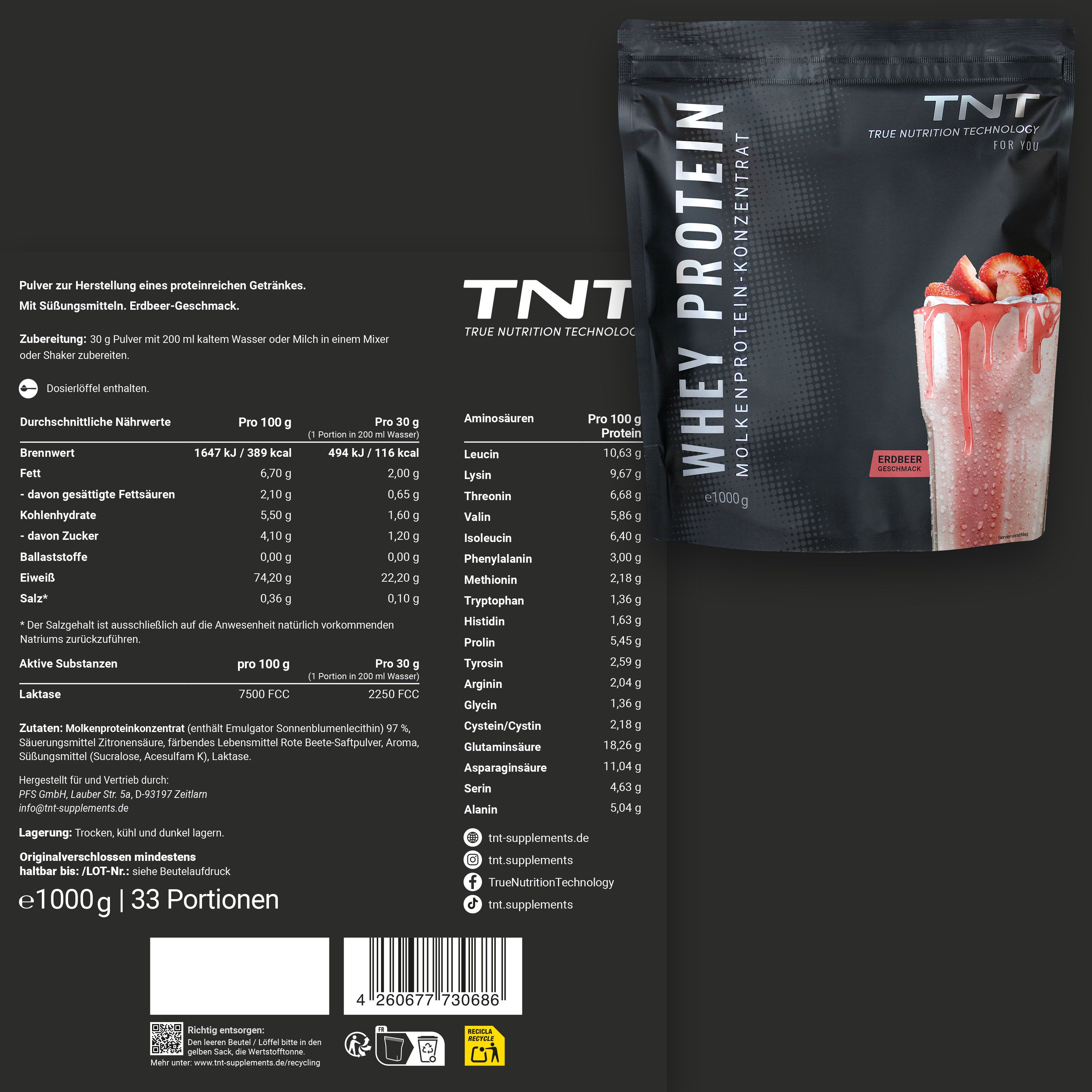 TNT Whey Protein Konzentrat-Packung und Nährwerttabelle. Aufschrift: e1000g, 33 Portionen. Enthält Informationen zu Inhaltsstoffen und Nährwerten.