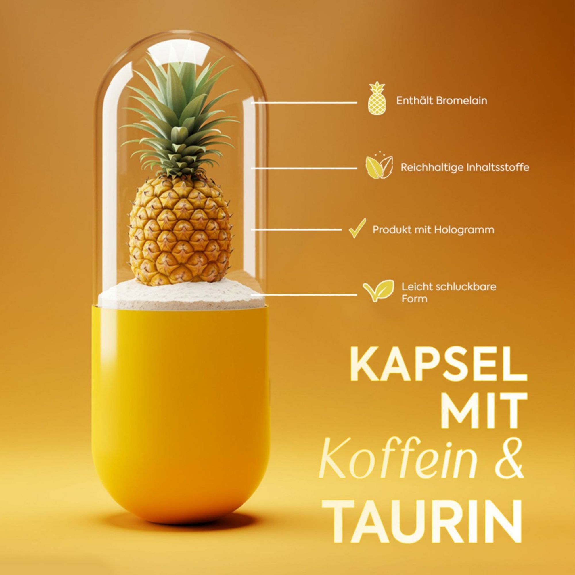 Gelbe Kapsel mit Ananas und weißem Pulver. Enthält Bromelain, Koffein & Taurin.