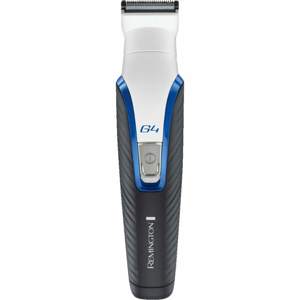 Haar-/Bartschneider, schwarz-weiß-blau. Mit G4-Logo und Remington-Schriftzug. Ein-Aus-Taste. Klingenaufsatz oben.