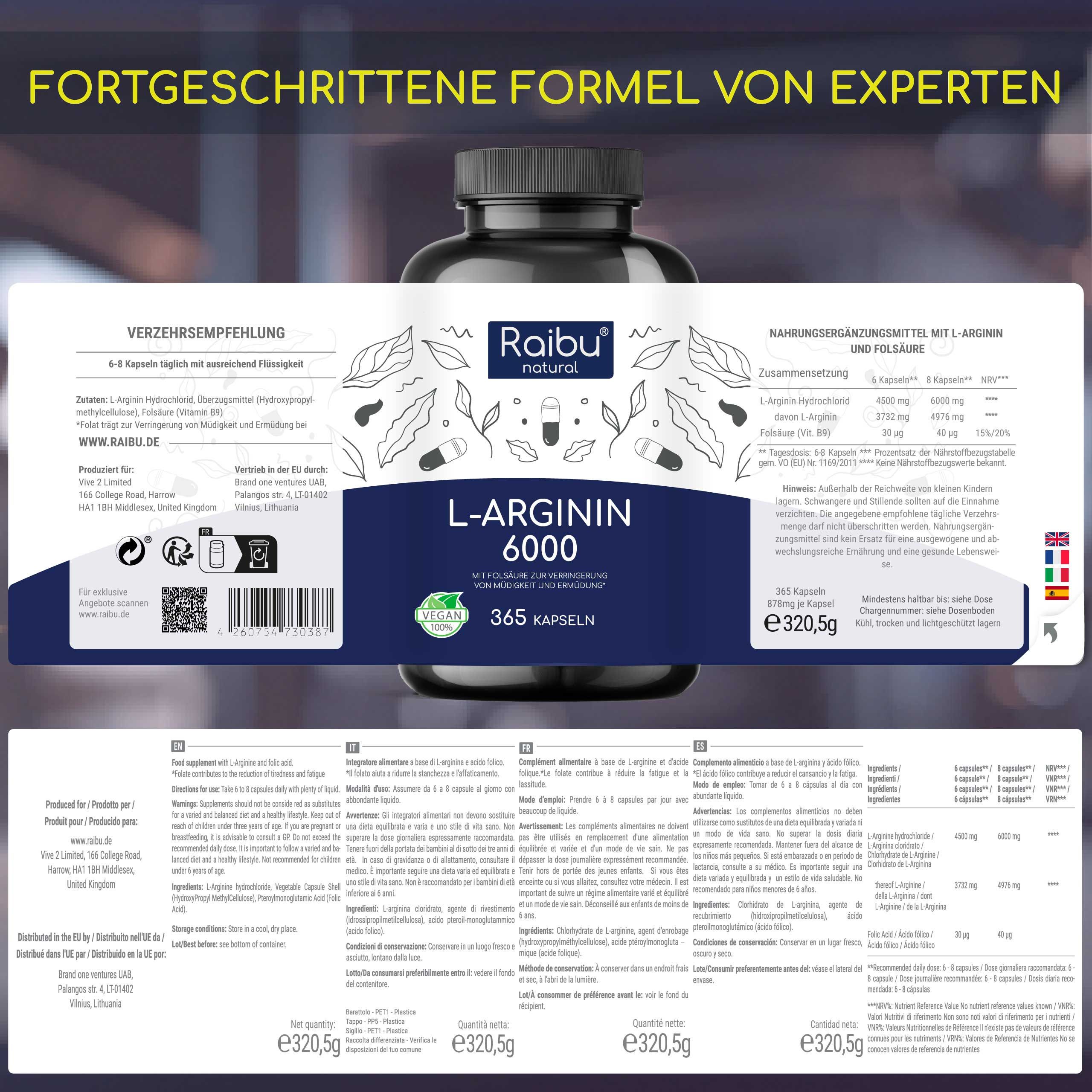 Produktetikett mit Informationen. Text: L-Arginin 6000, 365 Kapseln. Inhaltsstoffe, Nährwerte, Hersteller.