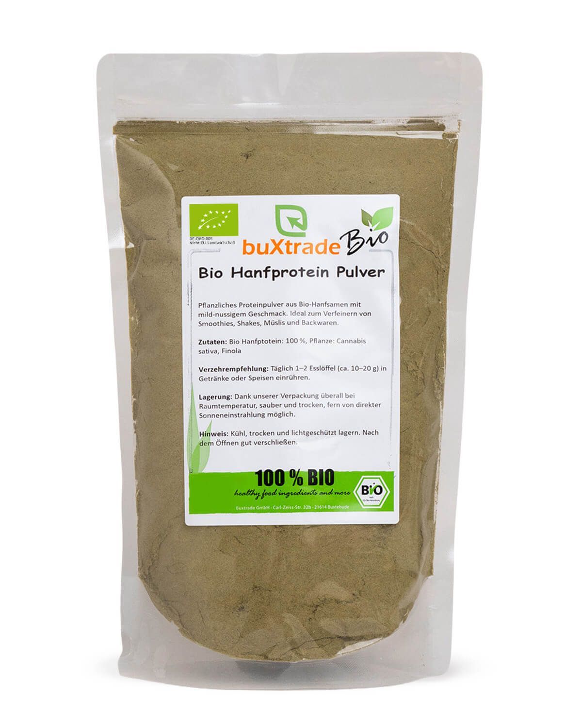 Buxtrade Bio Hanfprotein Pulver in transparenter Verpackung mit Bio-Siegel und Nährwertangaben.