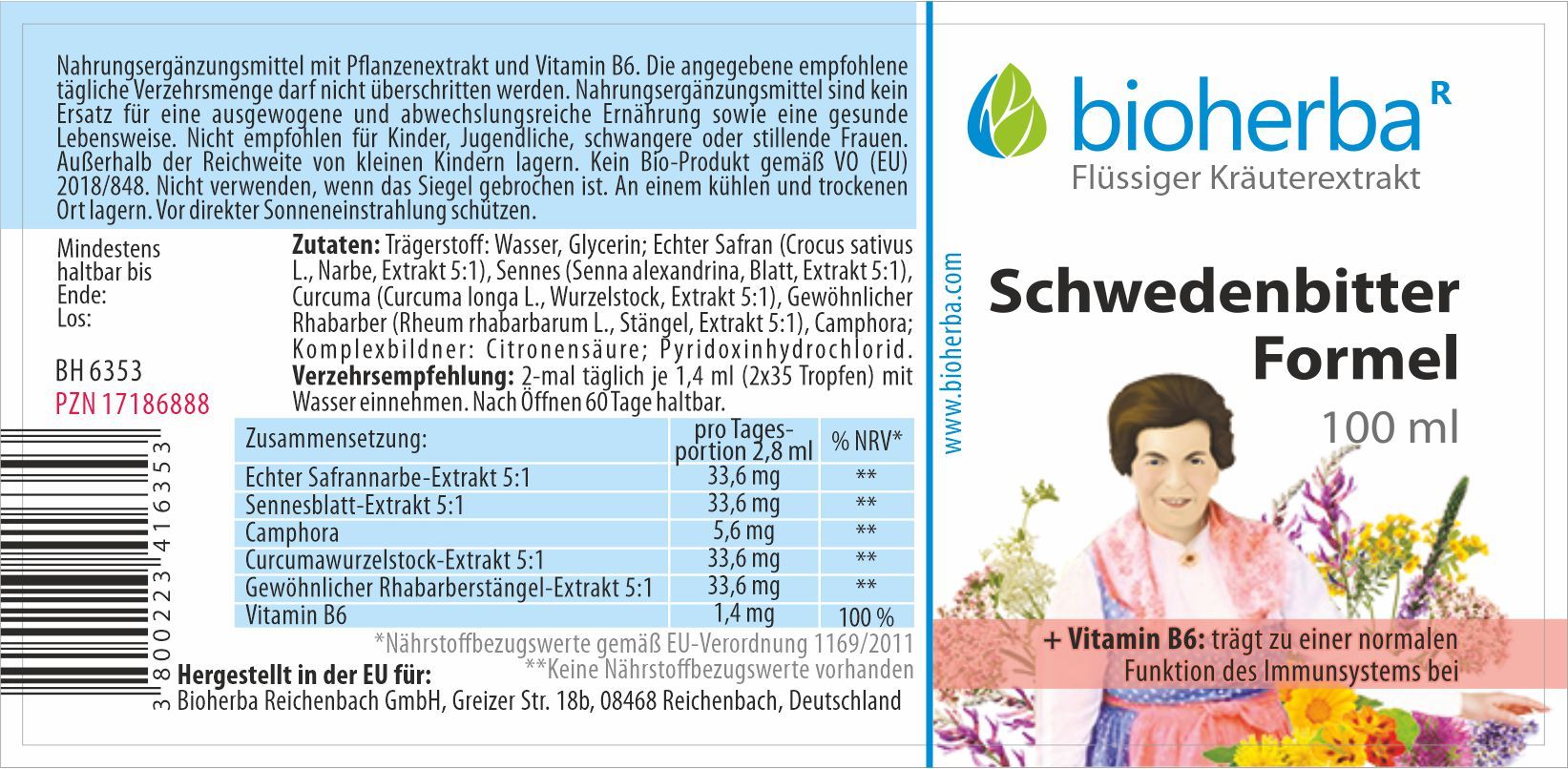 Etikett mit Produktname, Logo und Abbildung. Text: "Schwedenbitter Formel". Zutatenliste und Nährwertangaben. Flasche nicht sichtbar.