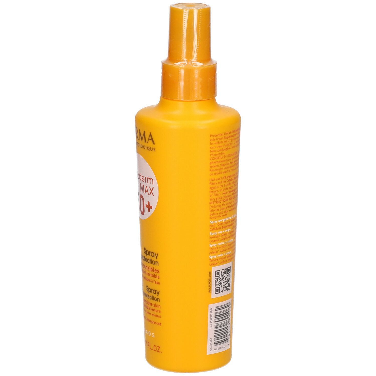 Gelbe Flasche BIODERMA Photoderm MAX Sonnenspray SPF 50+. Sprühkopf. Sehr hoher Schutz. 200 ml.
