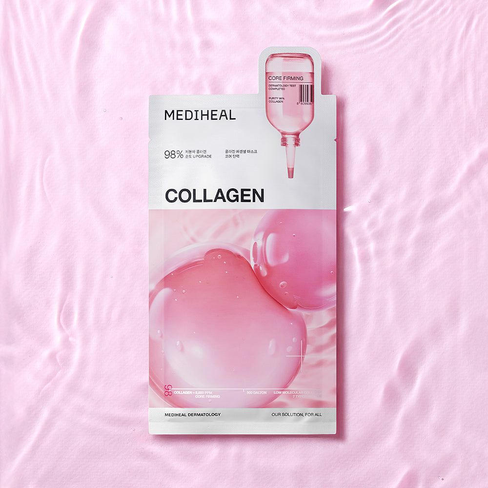 MEDIHEAL Collagen Essential Tuchmaske. Weiße Verpackung mit rosa Flüssigkeit und Produktnamen. Tropfflaschen-Design.