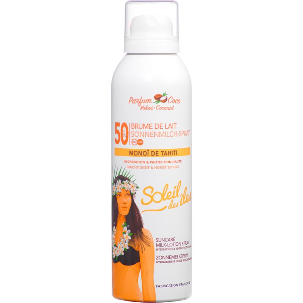 Weiße Sprühflasche mit orangefarbenem Etikett. Text: 50, Brume de Lait, Sonnenschutz-Milchspray, Monoi de Tahiti, Soleil des Iles.