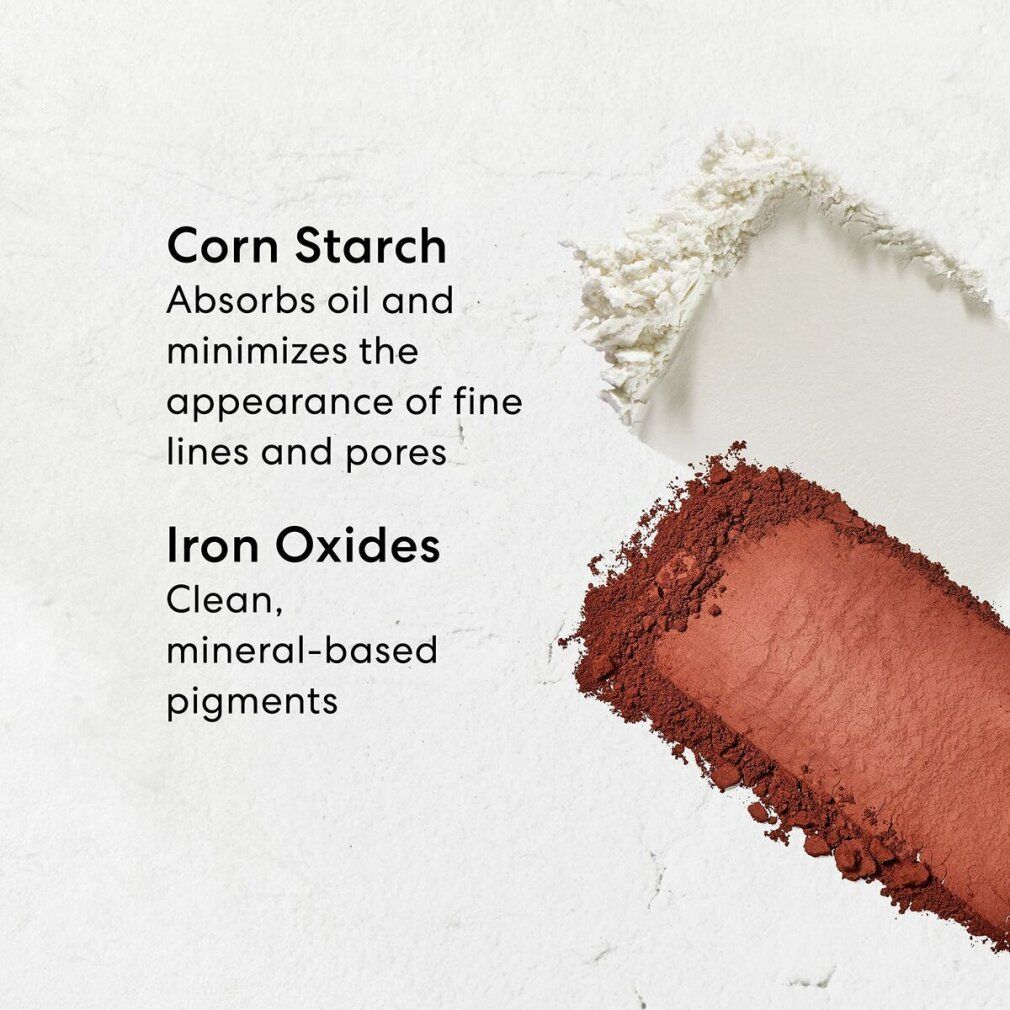 Nahaufnahme von zwei Puderproben: Maisstärke und Eisenoxide. Text: "Corn Starch", "Iron Oxides".
