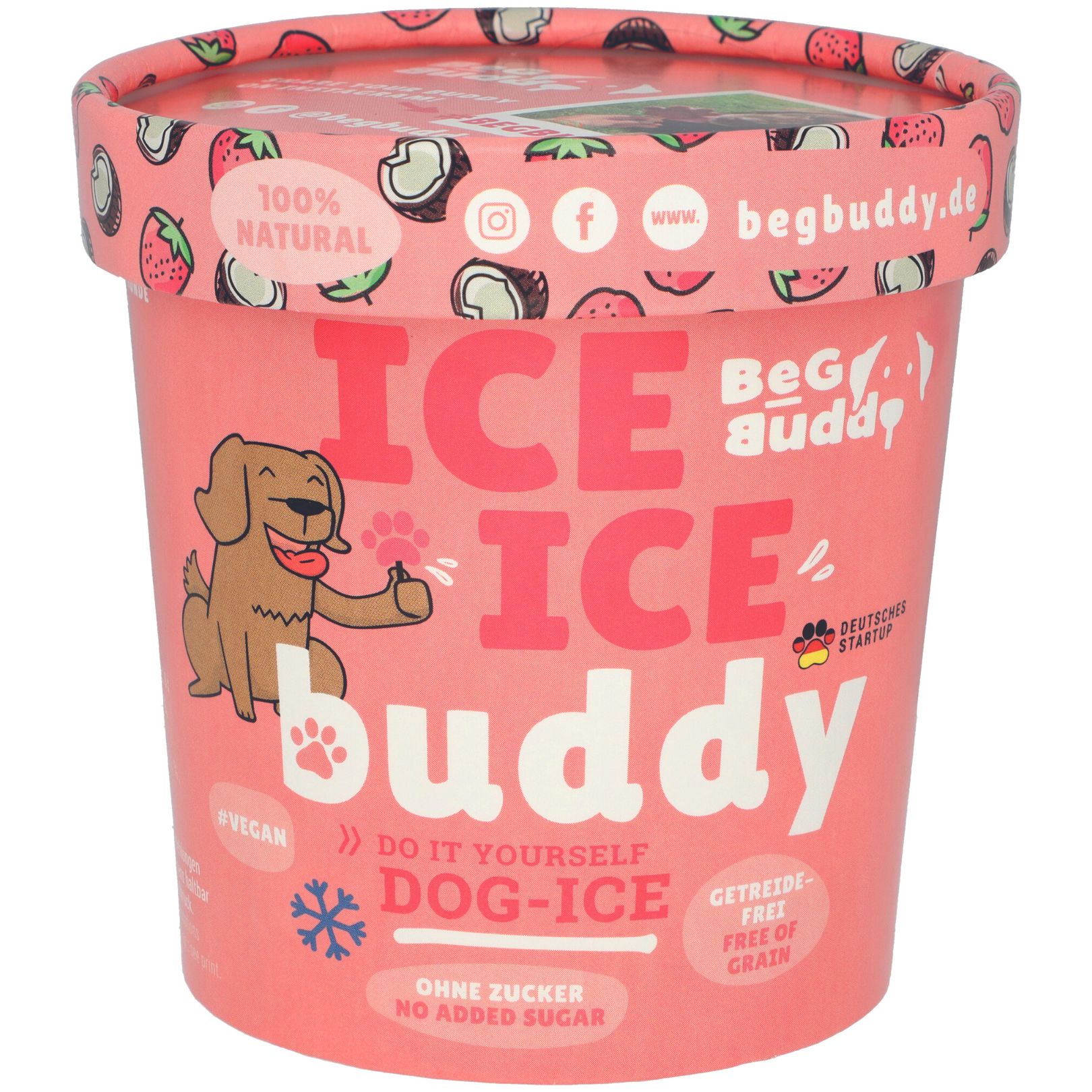 Rosa Becher mit Aufschrift ICE ICE Buddy. Auf dem Deckel Erdbeeren und Kokosnüsse. Vegan, ohne Zucker und Getreide.