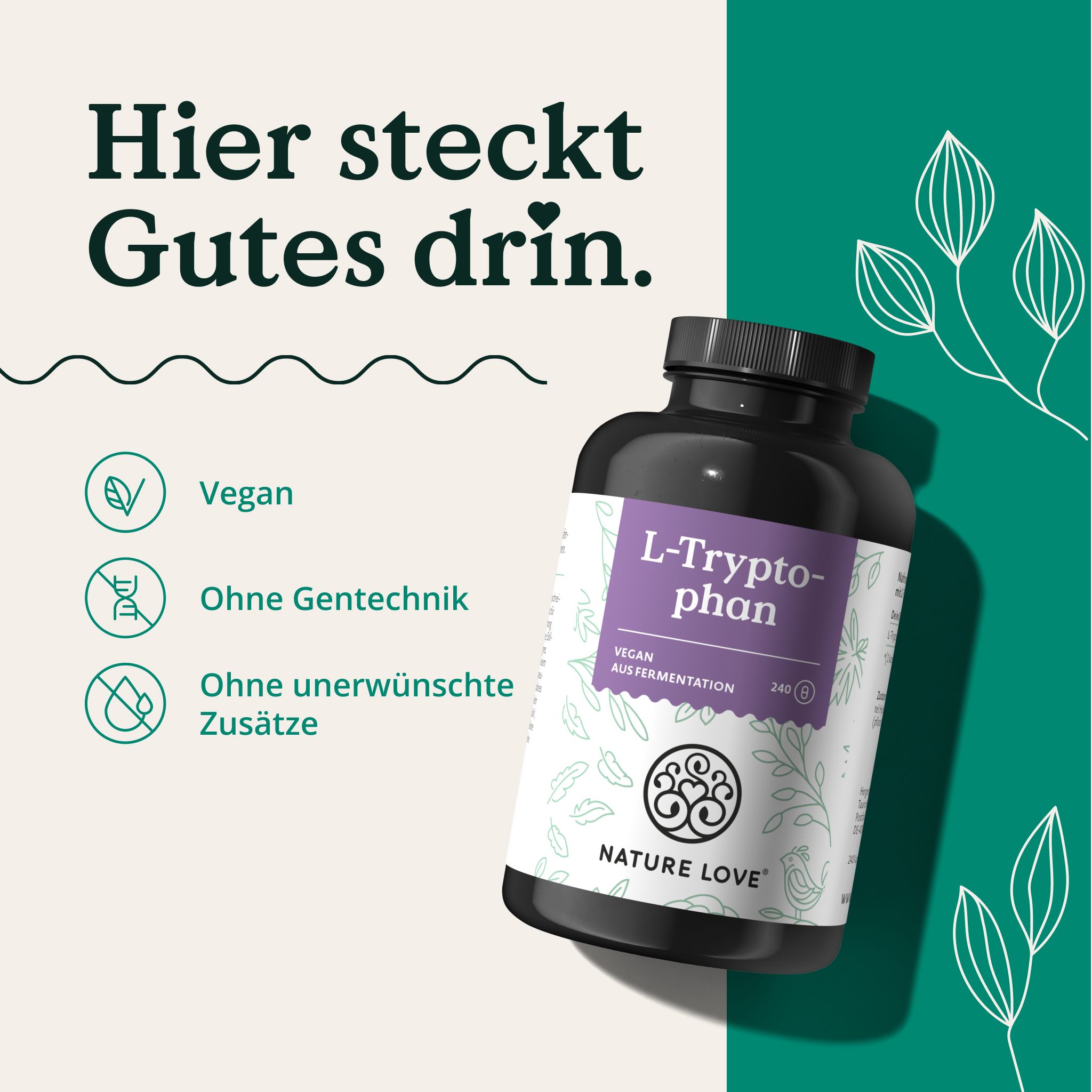 Dunkle Flasche mit lila Etikett. Aufschrift: L-Tryptophan, Vegan, Aus Fermentation. Logo: NATURE LOVE®. Text: Ohne Gentechnik, Zusätze.