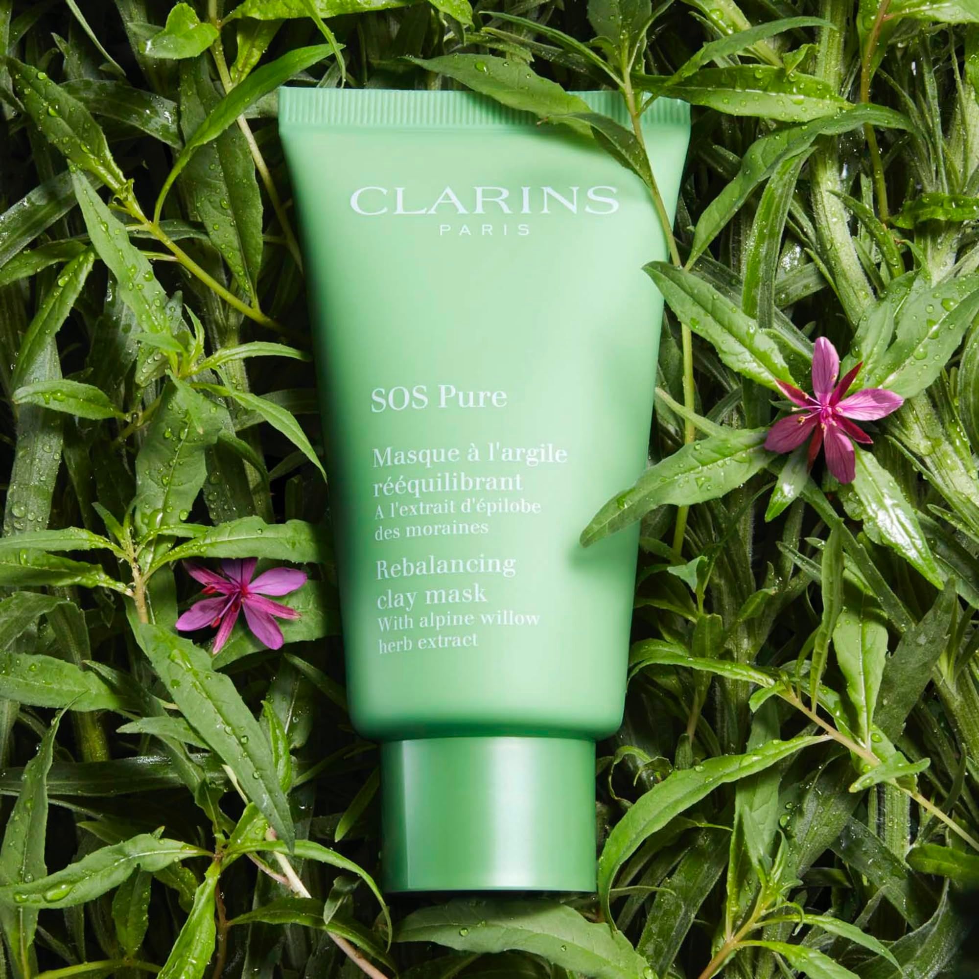 Grüne Tube auf Blättern und Blüten. Marke Clarins. SOS Pure Gesichtsmaske. Text auf Französisch und Englisch.
