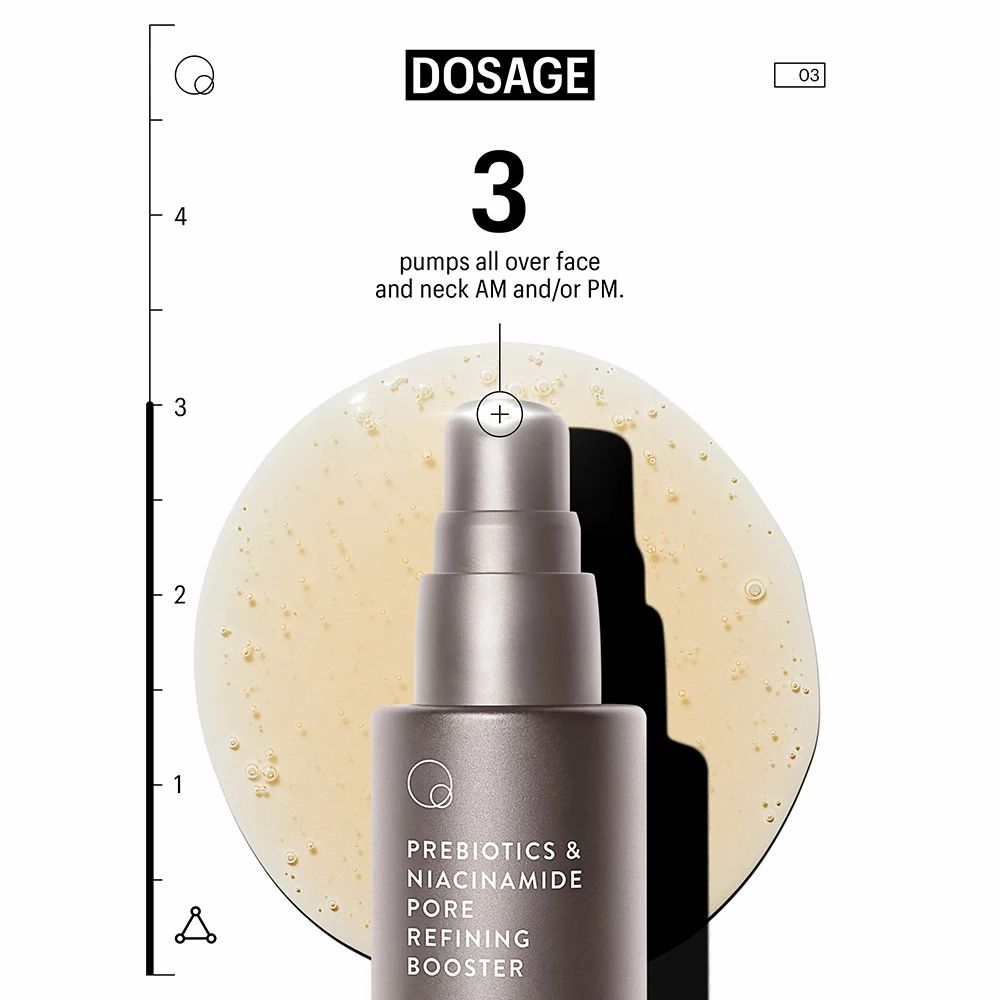Produktflasche auf gelbem Hintergrund. Beschriftung: PREBIOTICS & NIACINAMIDE PORE REFINING BOOSTER. Text: DOSAGE, 3 pumps all over face and neck AM and/or PM.