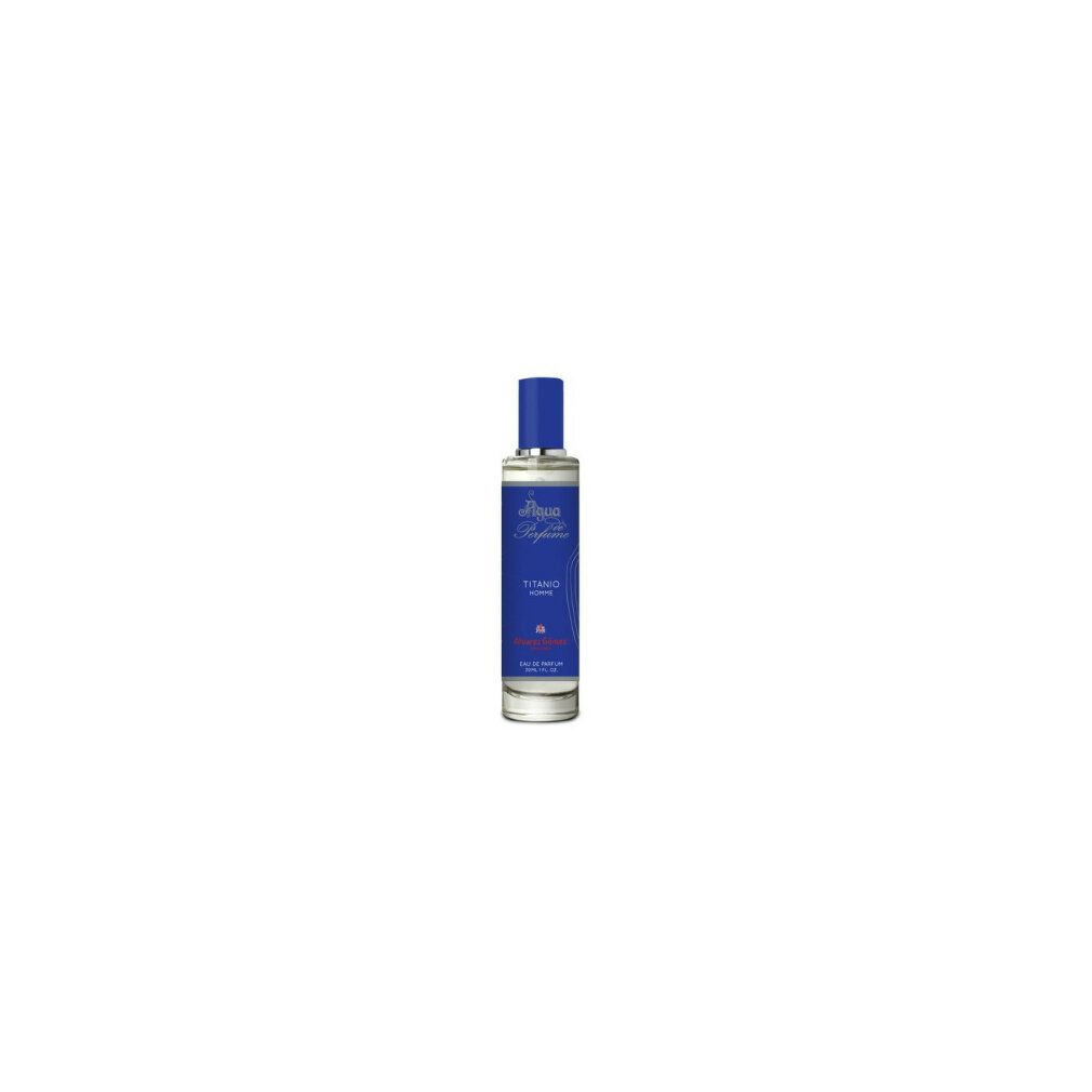 Parfümflasche mit blauem Etikett. Aufschrift: Agua Perfume, Titanio Homme, Alvarez Gómez. Eau de Parfum.