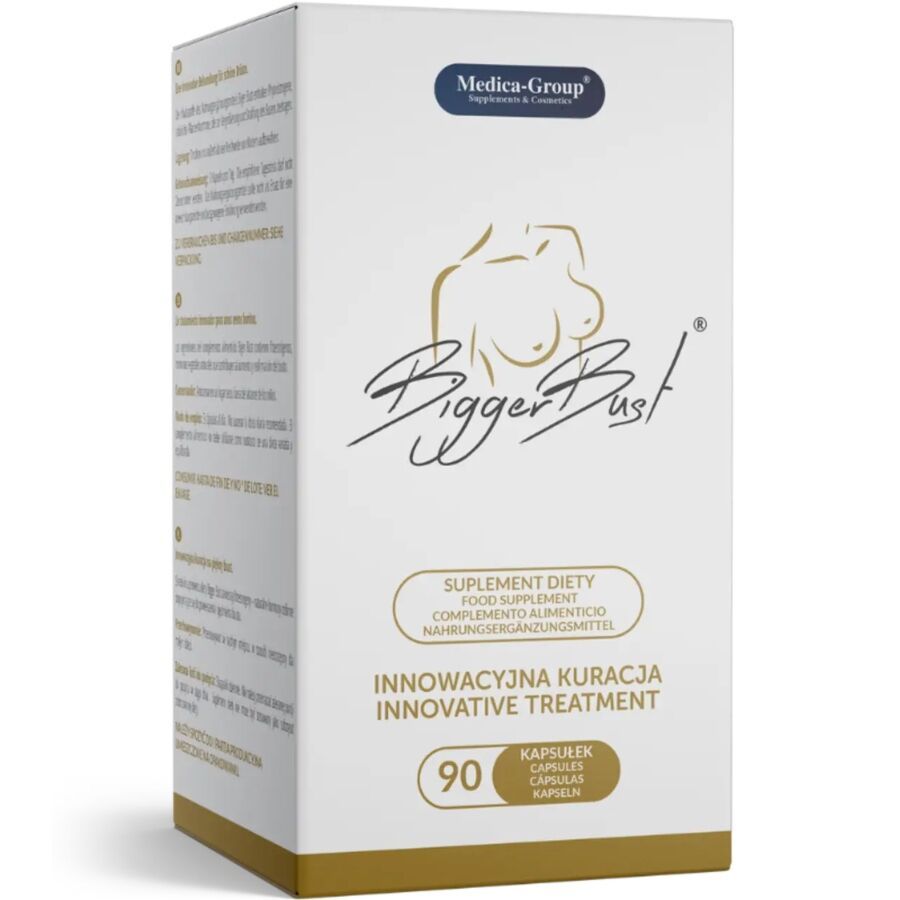 Medica-Group Bigger Bust Kapseln: Kartonverpackung mit Brustsymbol und Produktinformationen.