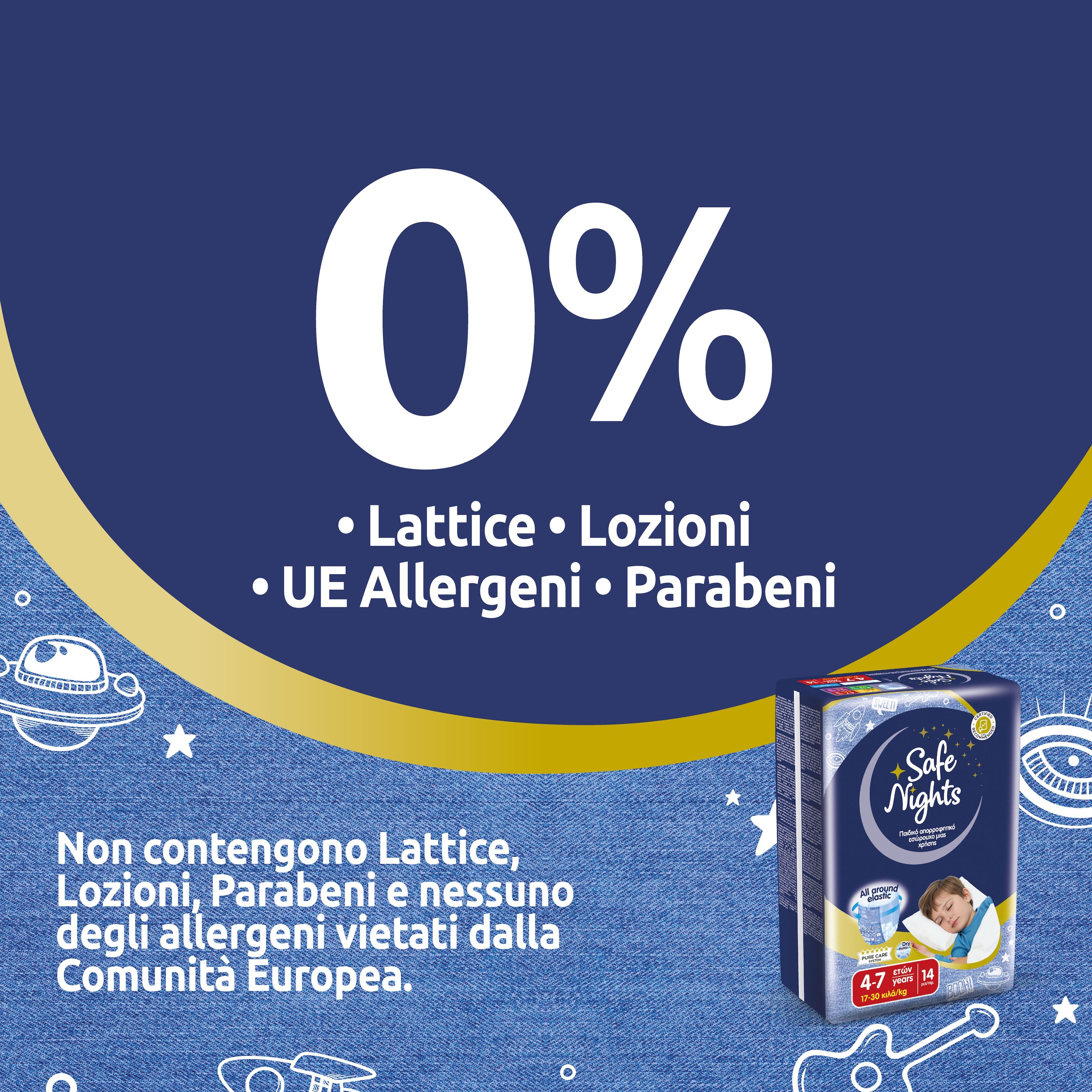 Verpackung Babylino Safe Nights. Text 0% (Lotionen, Parabene, etc.). Produktabbildung mit Kind. Hintergrund blau mit Sternen.