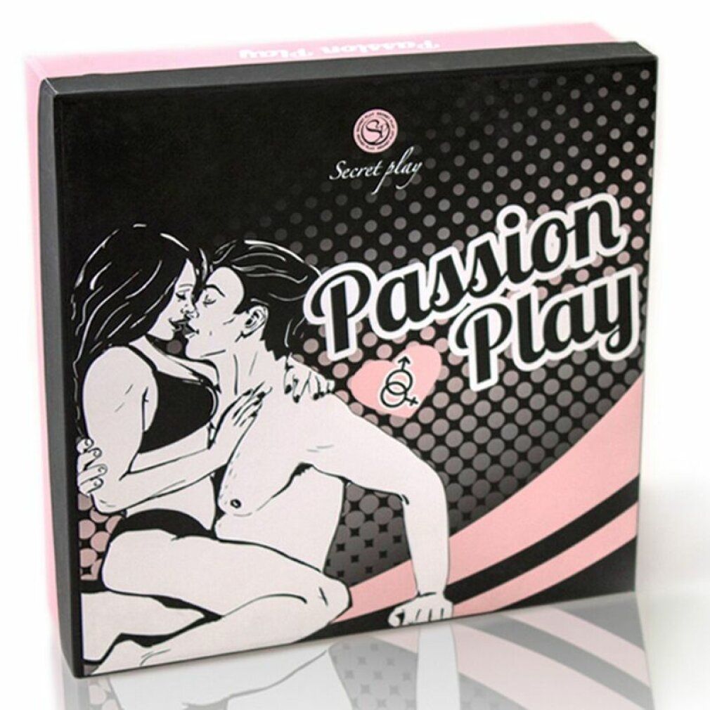 Schwarze und rosa Spielbox. Aufdruck: Paar, Schriftzug Passion Play. Marke Secret Play. Rosa Deckel. Illustration eines Paares.