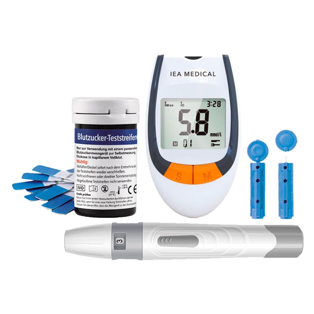 Blutzuckermessgerät-Set mit Messgerät, Teststreifen, Lanzetten und Stechhilfe.