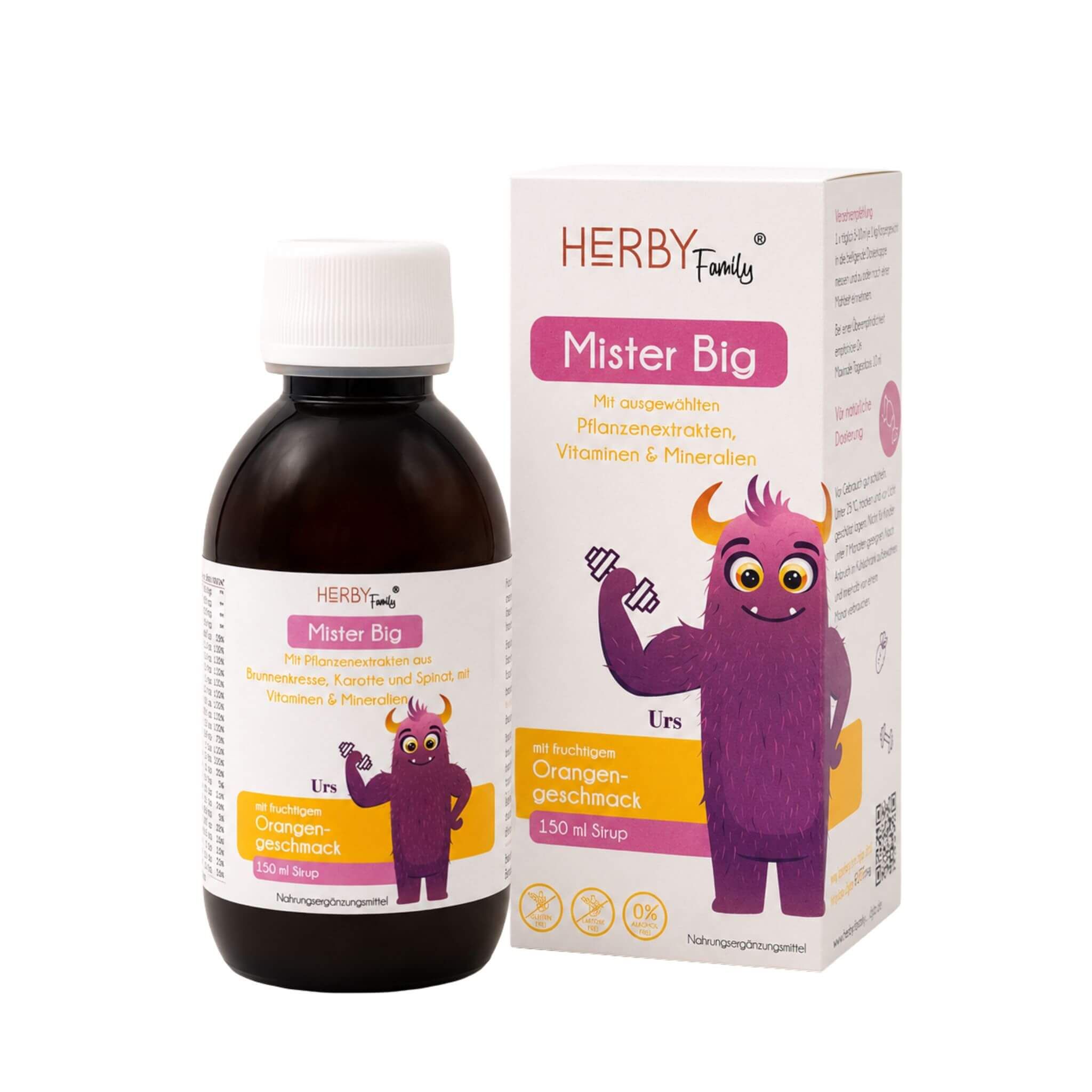 Herby Family Mister Big Sirup Flasche und Karton mit lila Monster-Maskottchen und Orangen-Geschmack.