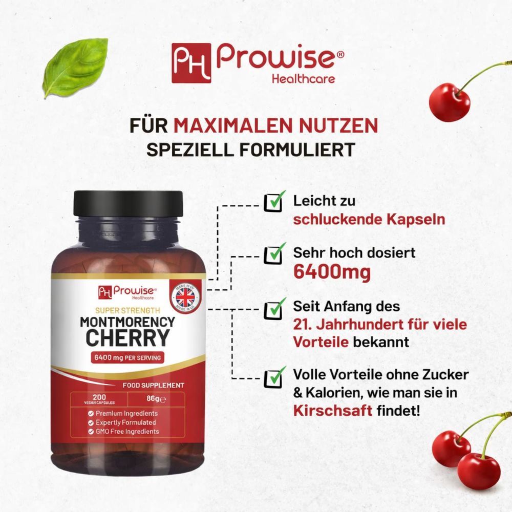 Flasche "Montmorency Cherry". Text: 6400mg, leicht zu schlucken, seit dem 21. Jahrhundert bekannt, volle Vorteile ohne Zucker & Kalorien.